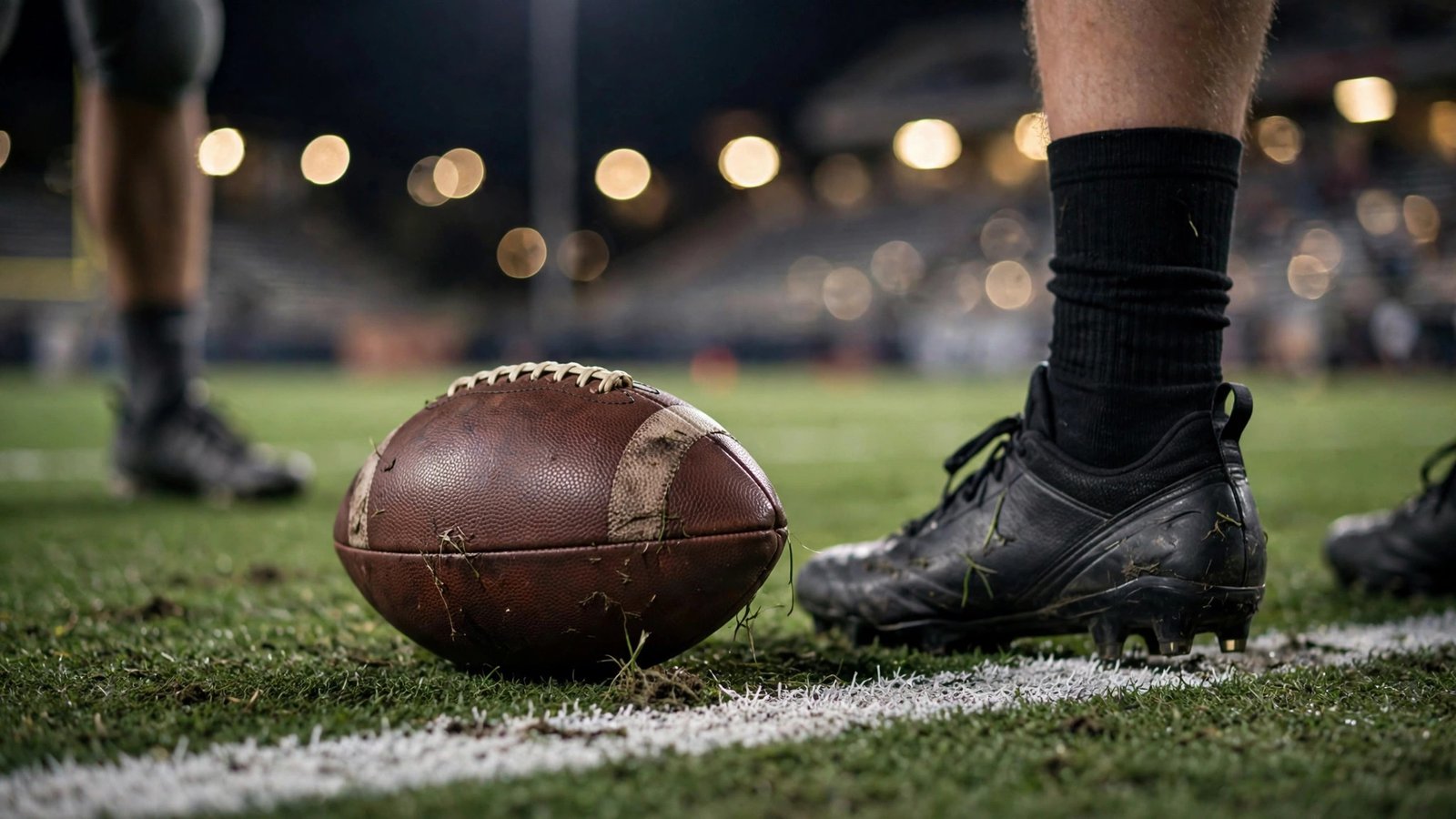 A football resting on green turf next to a player's cleated foot, with stadium lights blurred behind.