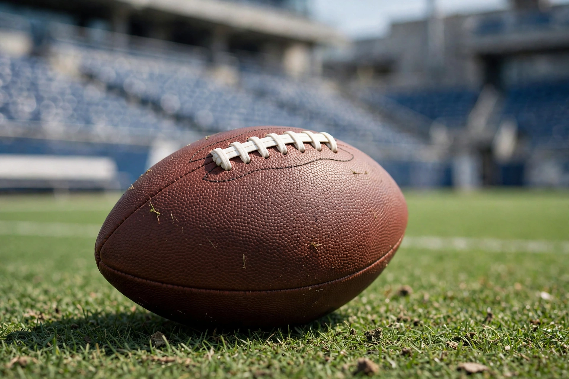 An American football resting on green turf in an empty stadium.