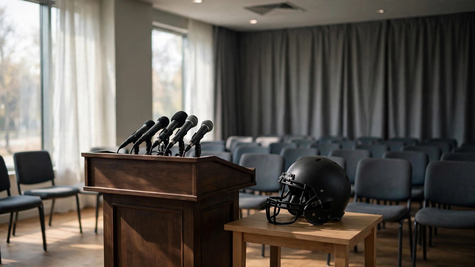 An empty press conference room with a podium, microphones and a plain dark football helmet on a side table.