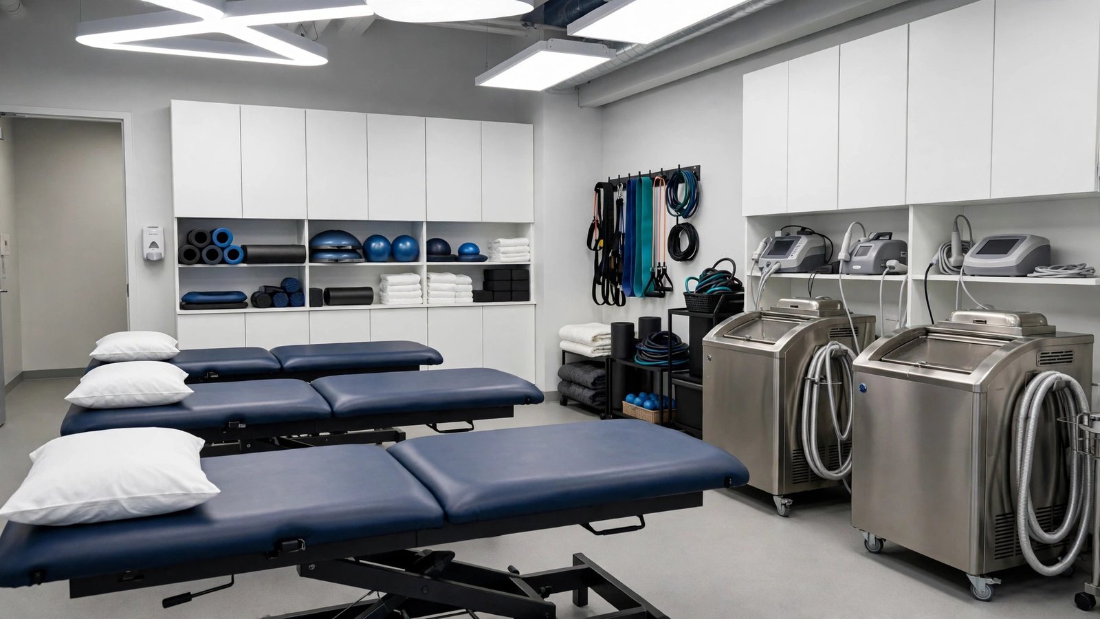 An empty sports medicine treatment room with padded tables and therapy equipment.