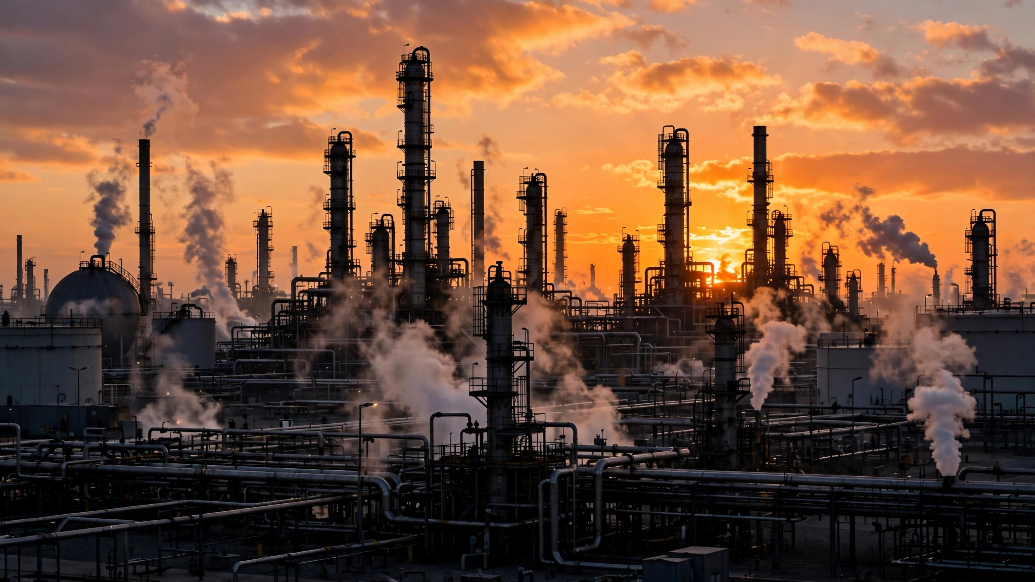 An oil refinery complex with distillation towers silhouetted against an orange sunset sky.