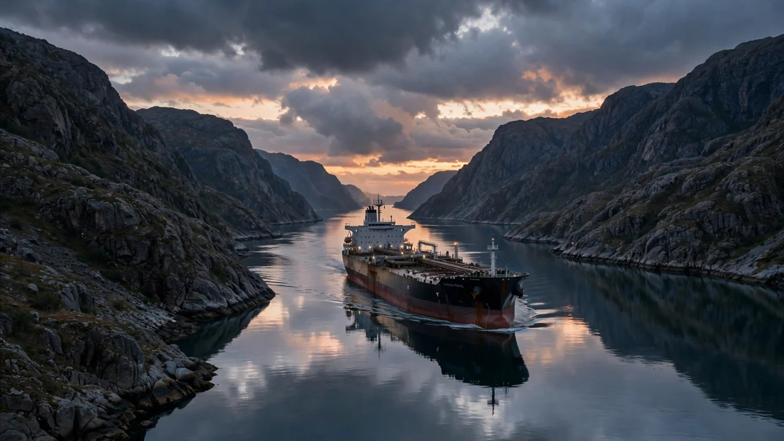 A large oil tanker sailing through a narrow strait between rocky mountains at dusk.
