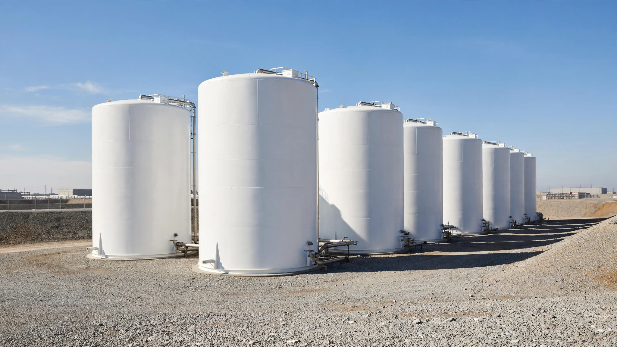 Rows of white industrial oil storage tanks at a terminal facility under a clear sky.