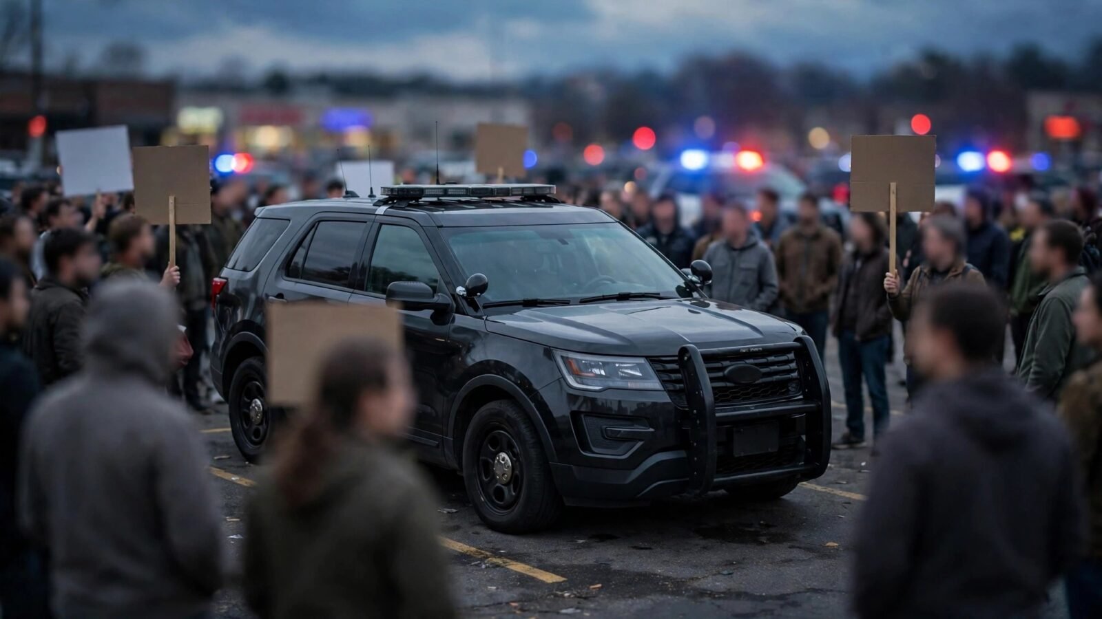 A dark federal SUV surrounded by anonymous protesters holding blank signs in a parking lot at dusk, emergency lights flashing in the distance.