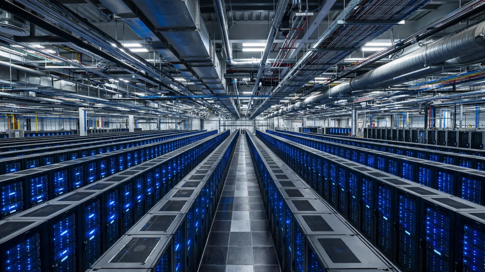 Long rows of server racks with blue status lights inside a large data center.
