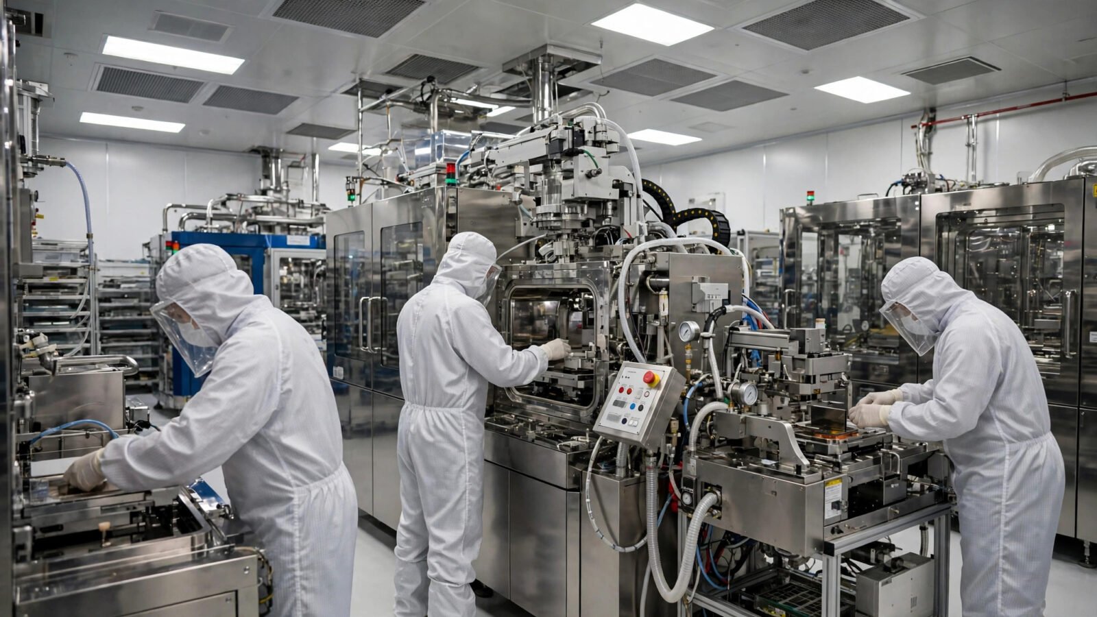 Workers in white clean-room suits operating chip-making equipment in a semiconductor factory