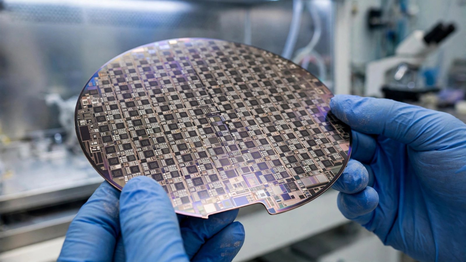 Gloved hands holding a round silicon wafer covered in a grid of circuits
