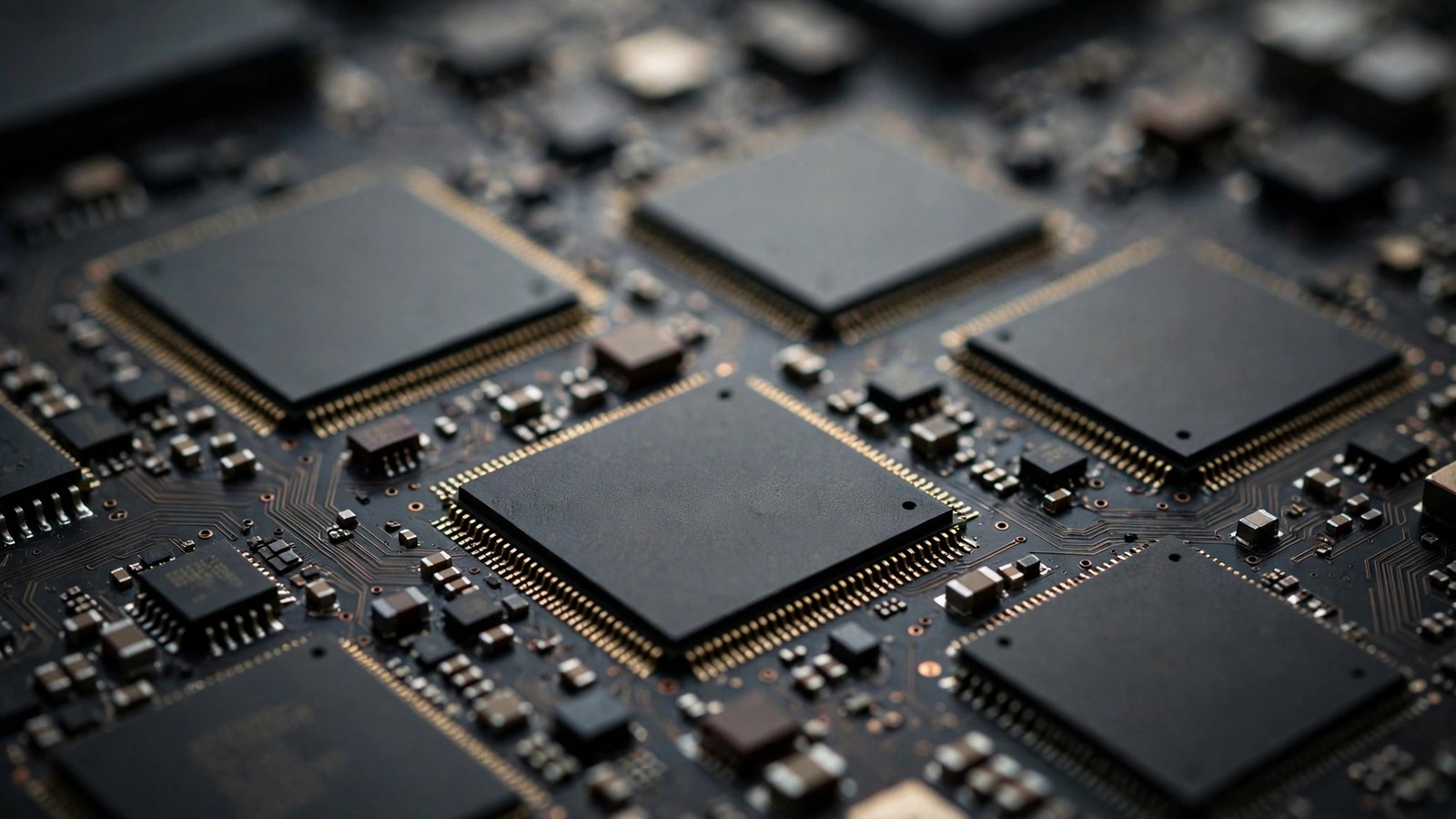Black computer processor chips mounted on a dark circuit board