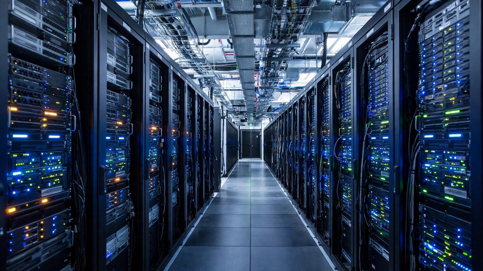 A long aisle between two rows of server racks with blinking lights in a data center