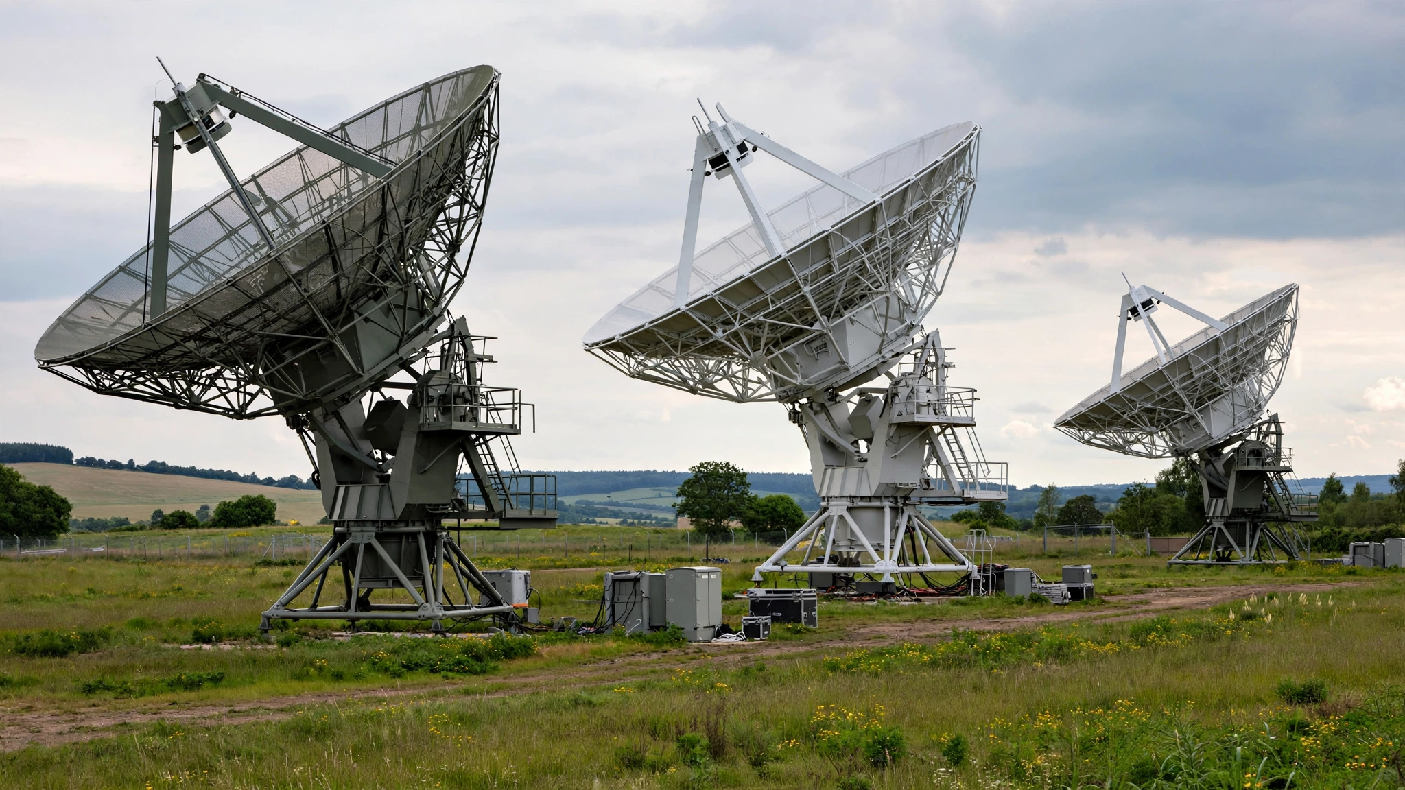Three large satellite communications dishes standing in a grassy field under a cloudy daytime sky, with support equipment at their bases.