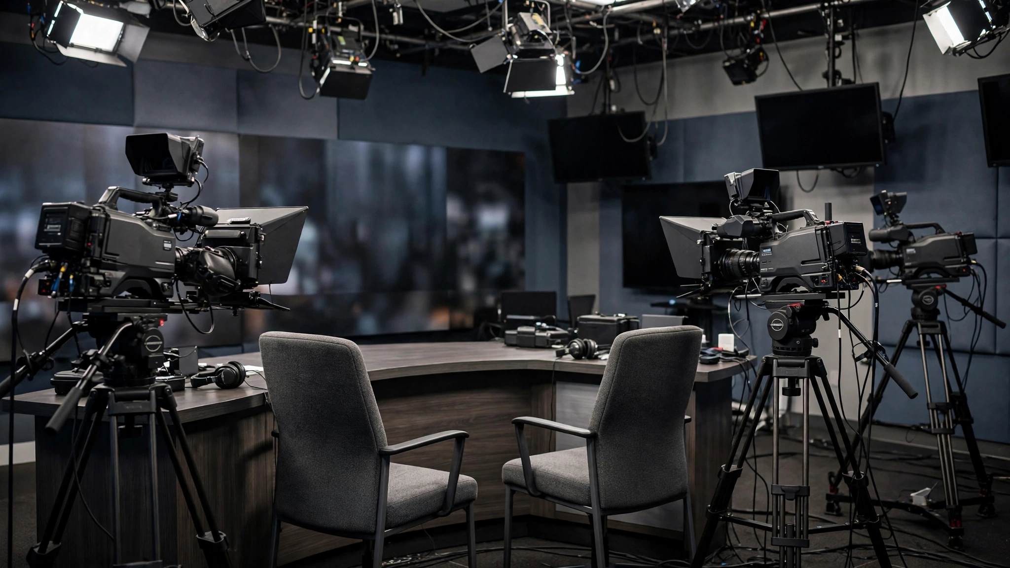 An empty television news studio with professional broadcast cameras, studio lights overhead, and two vacant anchor chairs at a curved desk.