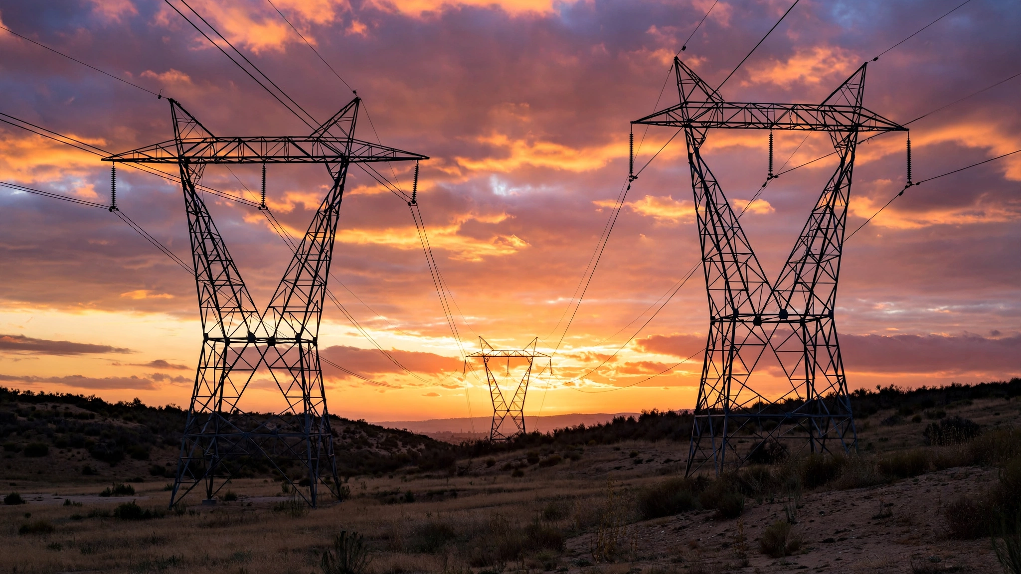 High-voltage power transmission towers and lines silhouetted against a vivid orange and purple sunset sky over dry hills.
