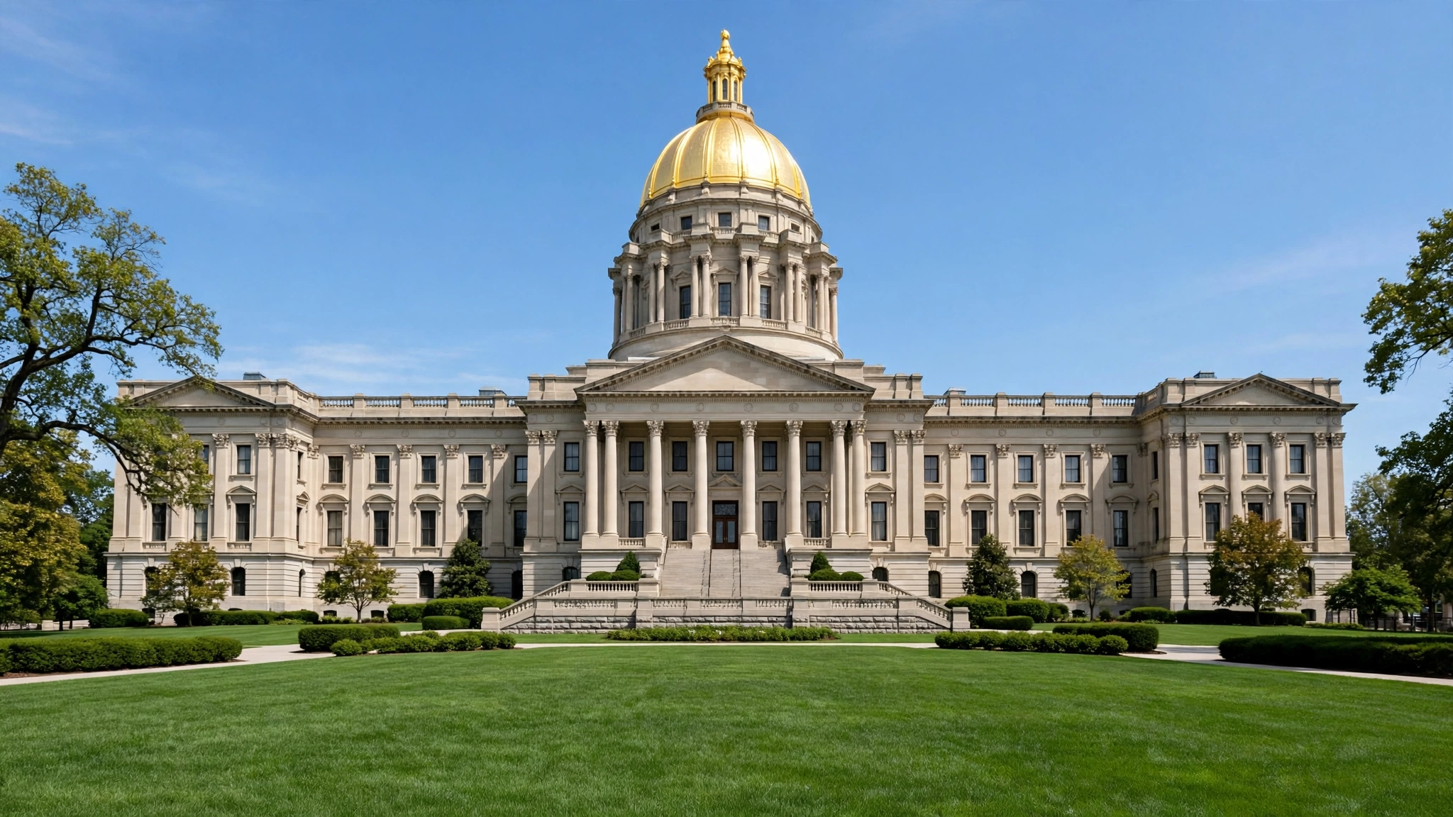 A state capitol building with a golden dome under a clear blue sky
