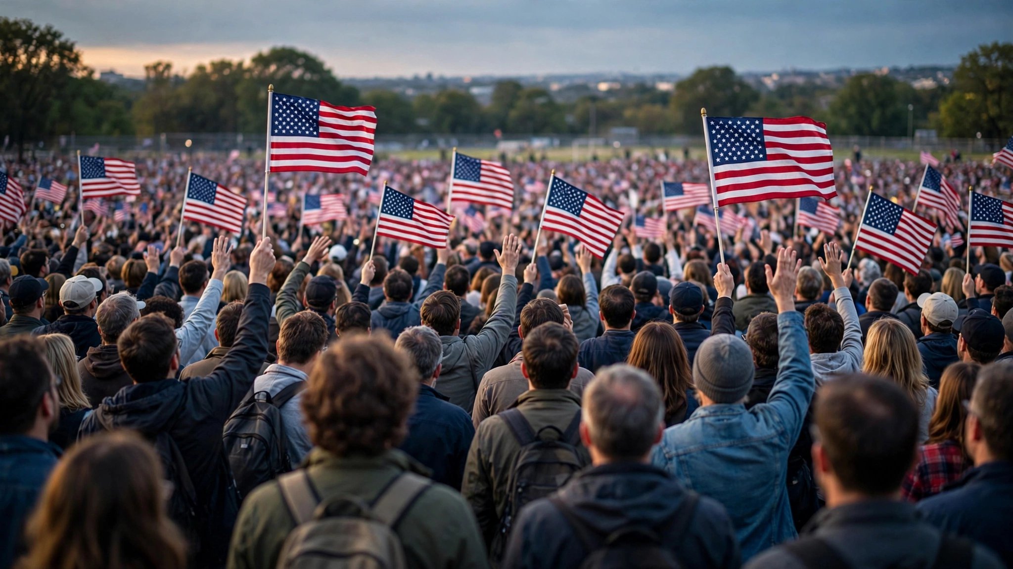 A large outdoor rally crowd seen from behind, with people waving American flags