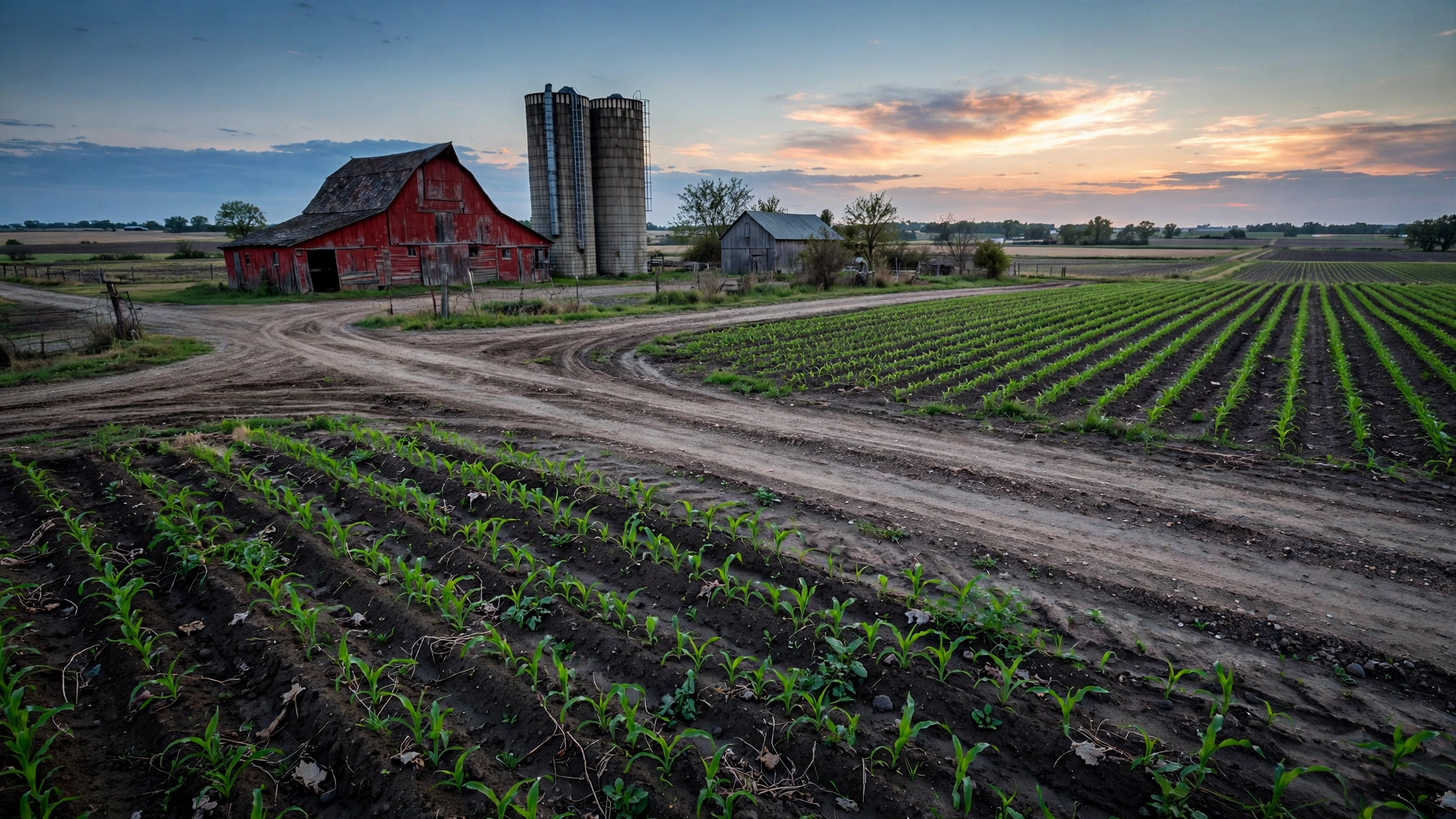 A red barn and silos beside a dirt road on a Midwestern farm at dusk