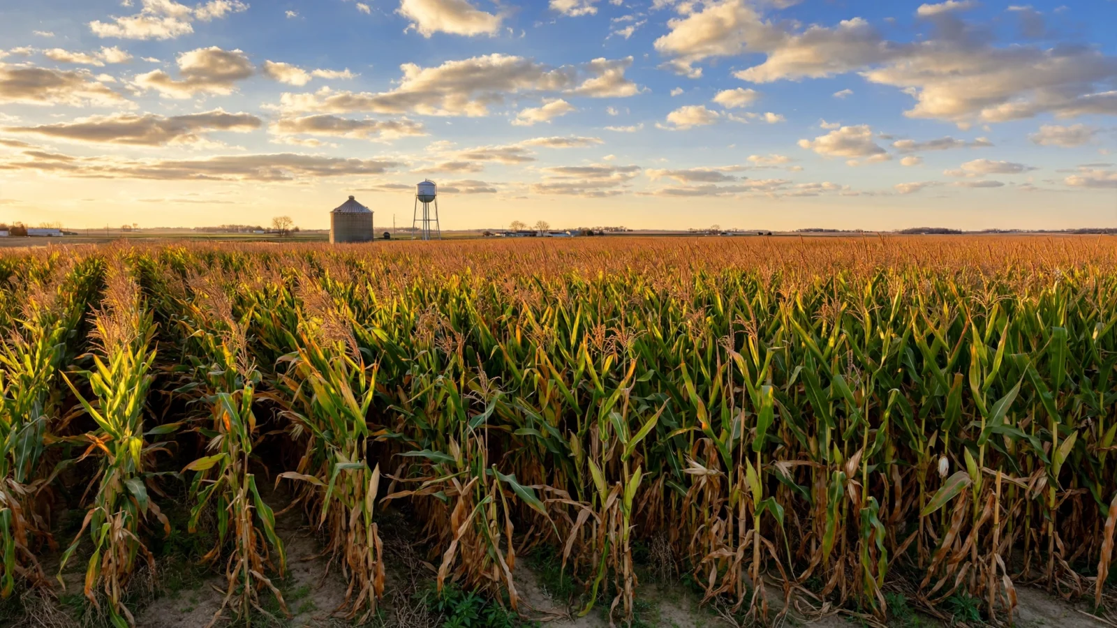 A cornfield at golden hour with a grain silo and water tower on the distant horizon