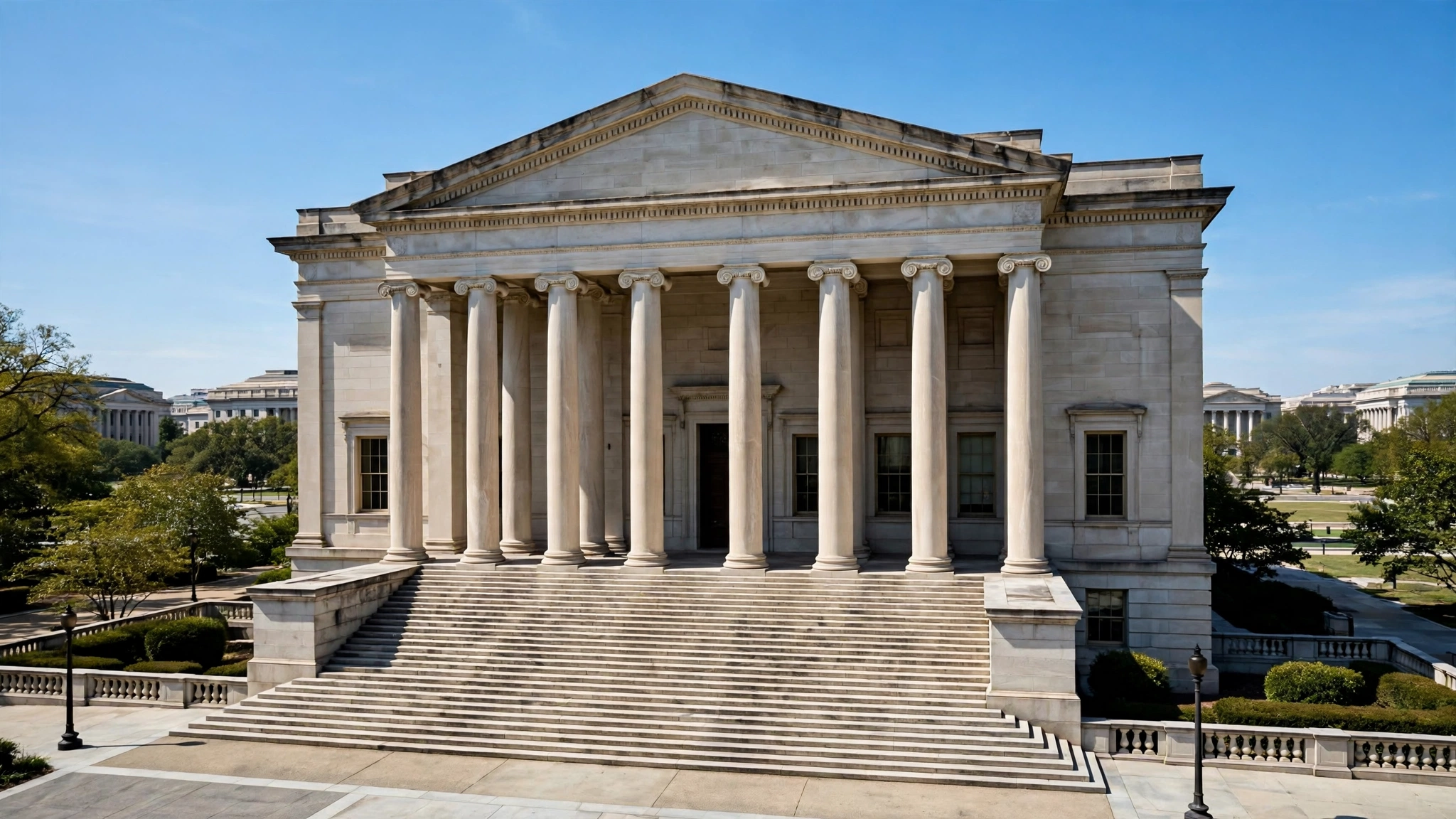 A neoclassical federal government building with tall stone columns in Washington, D.C.
