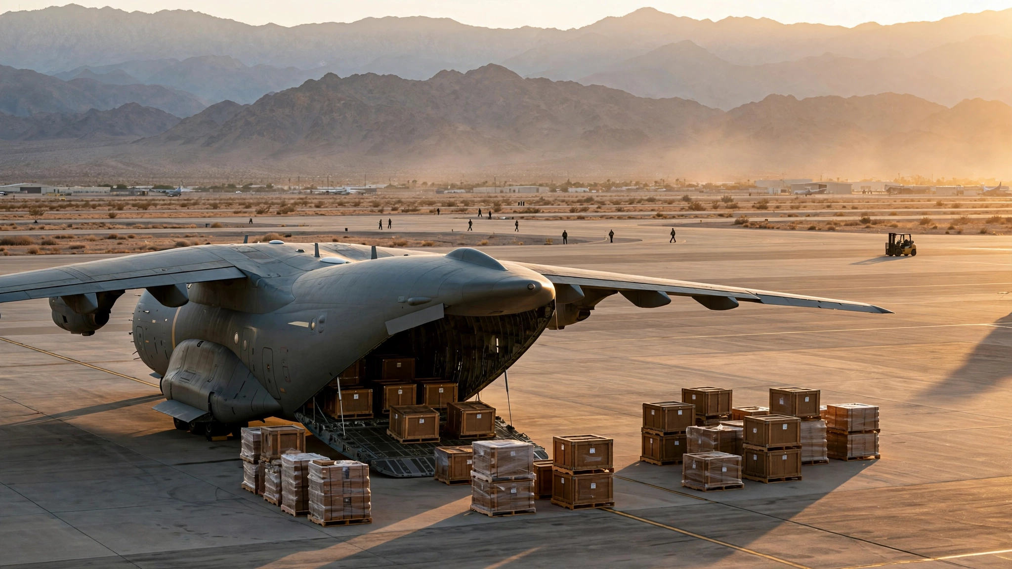 A military cargo plane being loaded with supply crates on an airbase tarmac at sunset