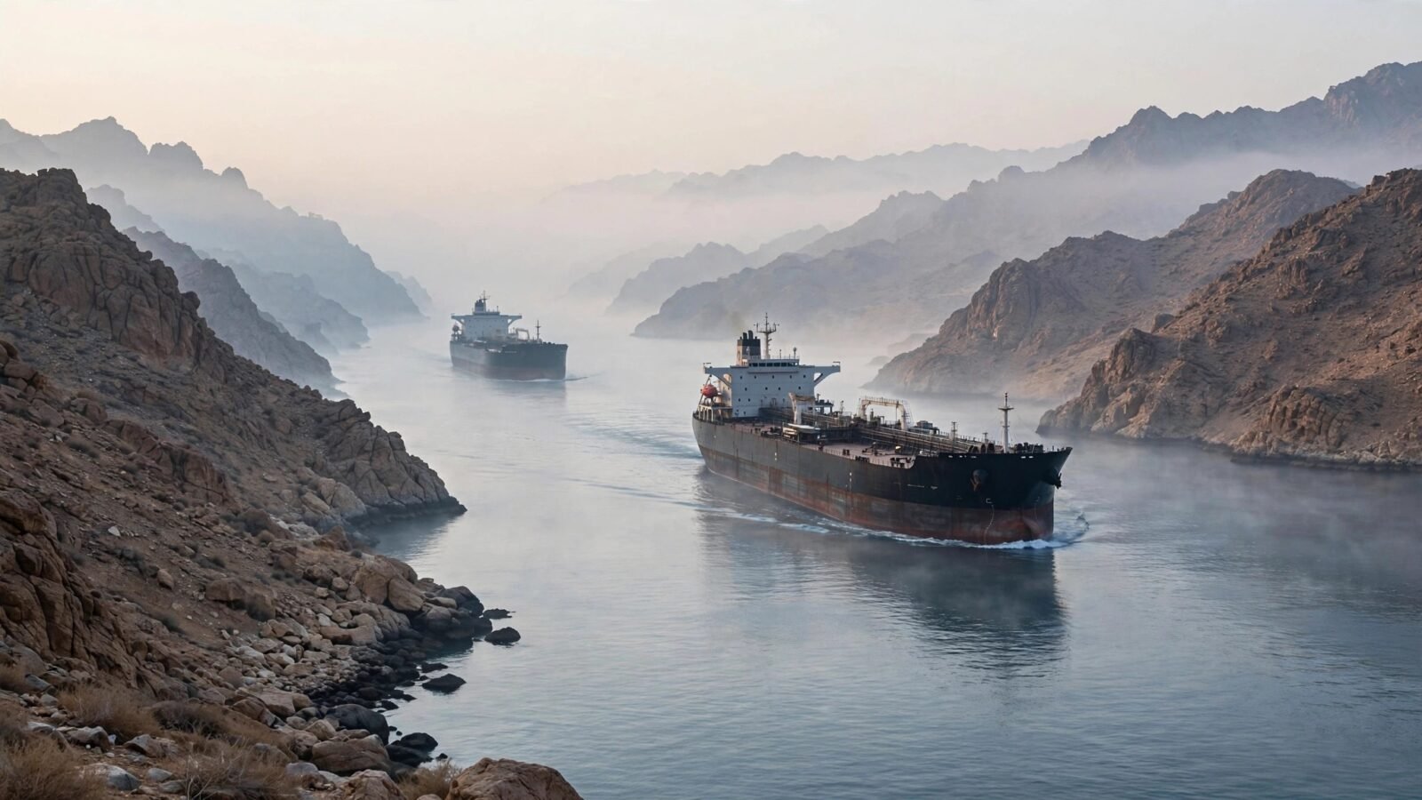 Two oil tankers sailing through a narrow strait between arid rocky coastlines at dawn