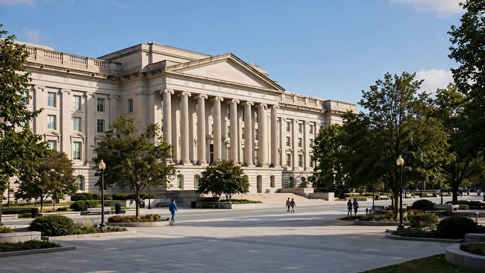 A large neoclassical government building with columns seen from across a plaza in Washington