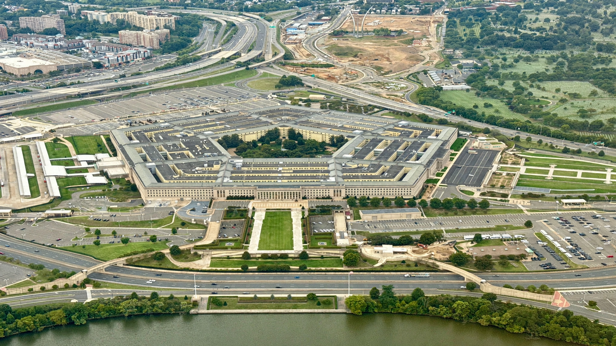 An aerial view of the Pentagon building in Arlington, Virginia.
