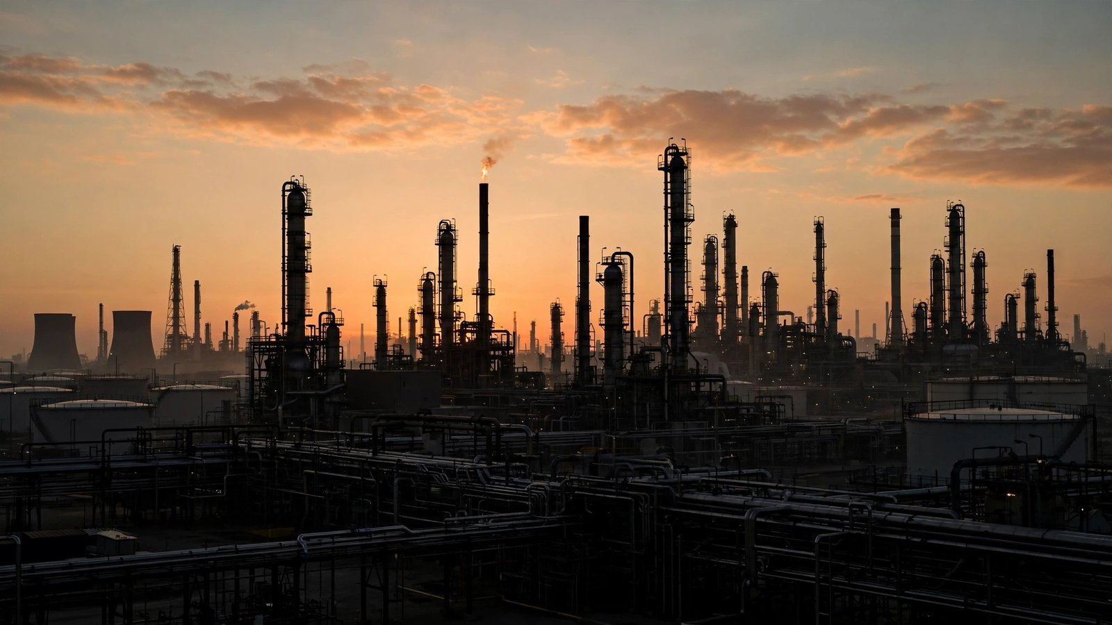 An oil refinery skyline of towers and pipes silhouetted against an orange dusk sky