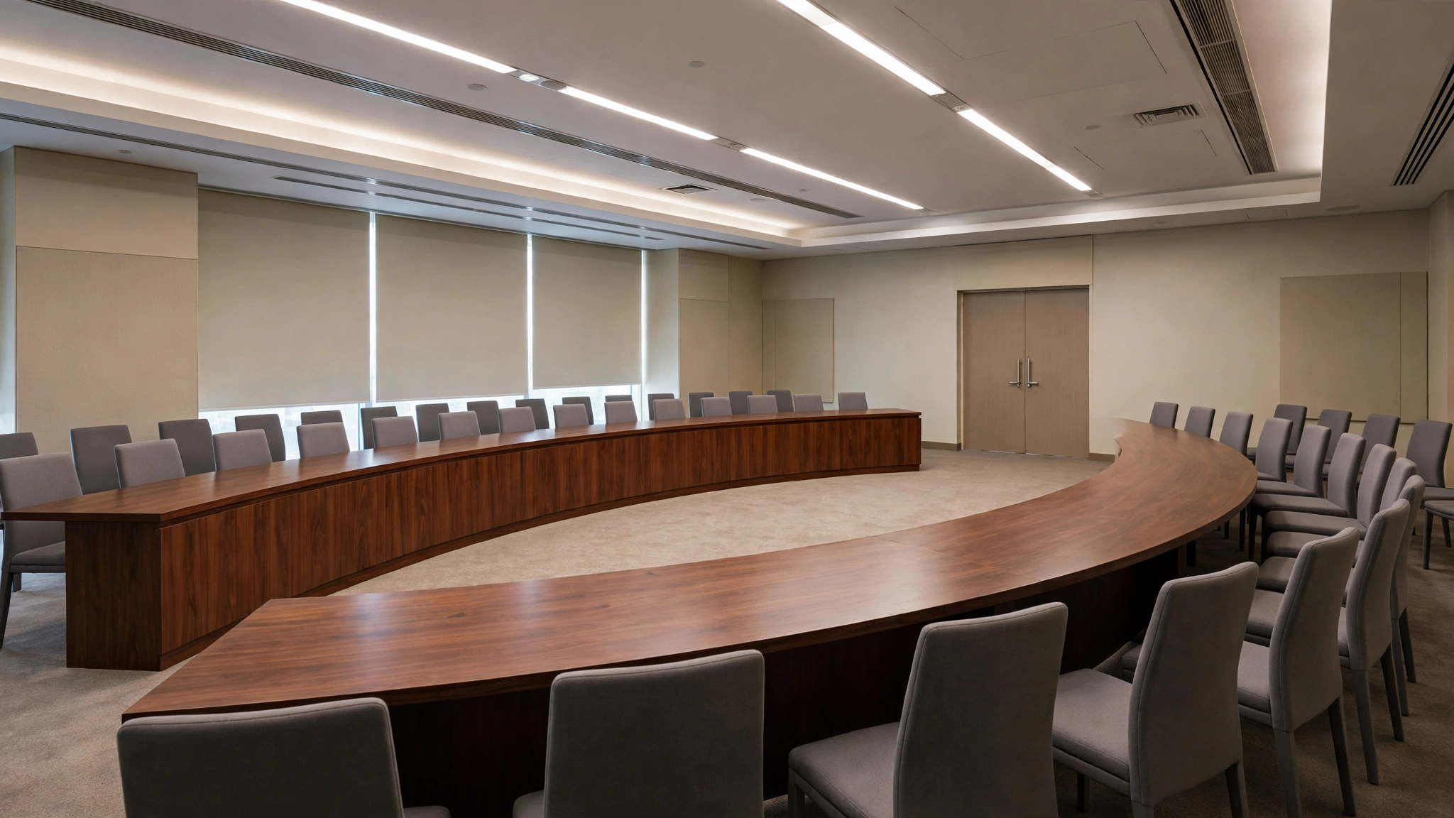 An empty diplomatic conference room with a long curved table and rows of empty chairs, an illustrative image of diplomatic talks.