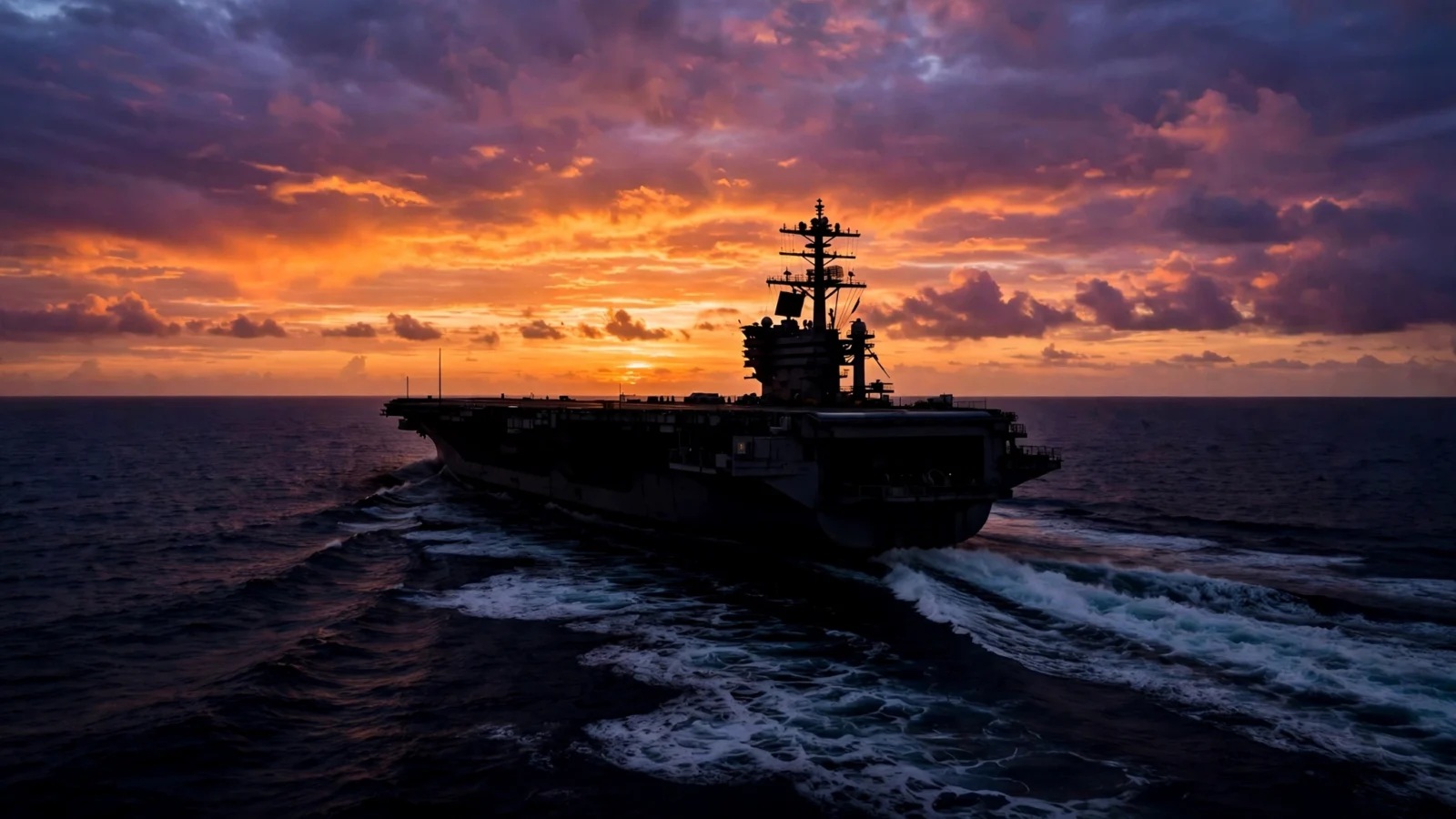 An aircraft carrier sails through the sea at dusk, shown as an illustrative image of the U.S. military presence near the Middle East.