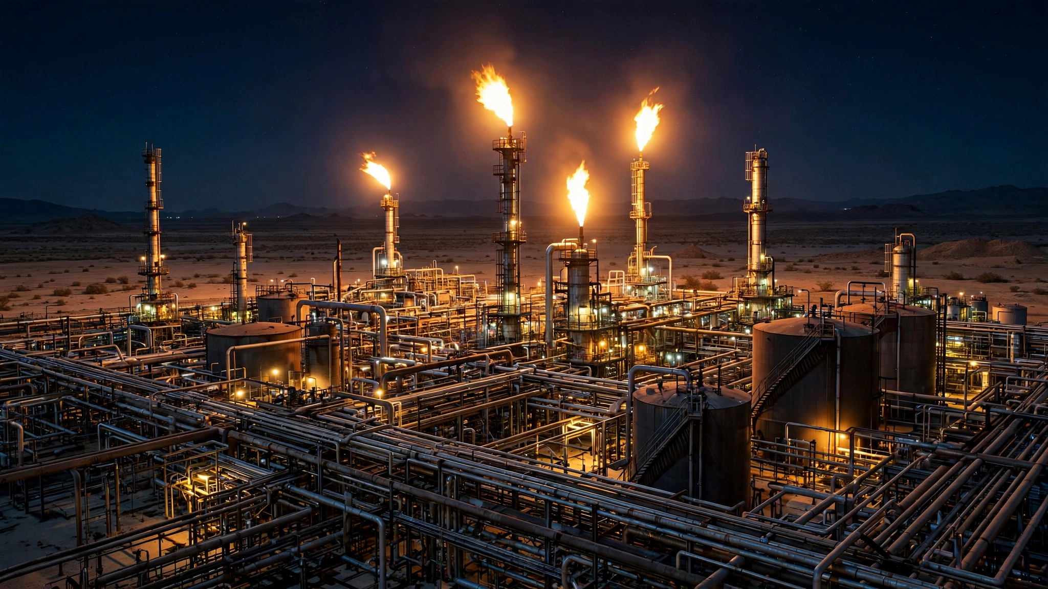 An oil refinery at night with gas flares burning atop tall towers, an illustrative image of Gulf energy infrastructure.