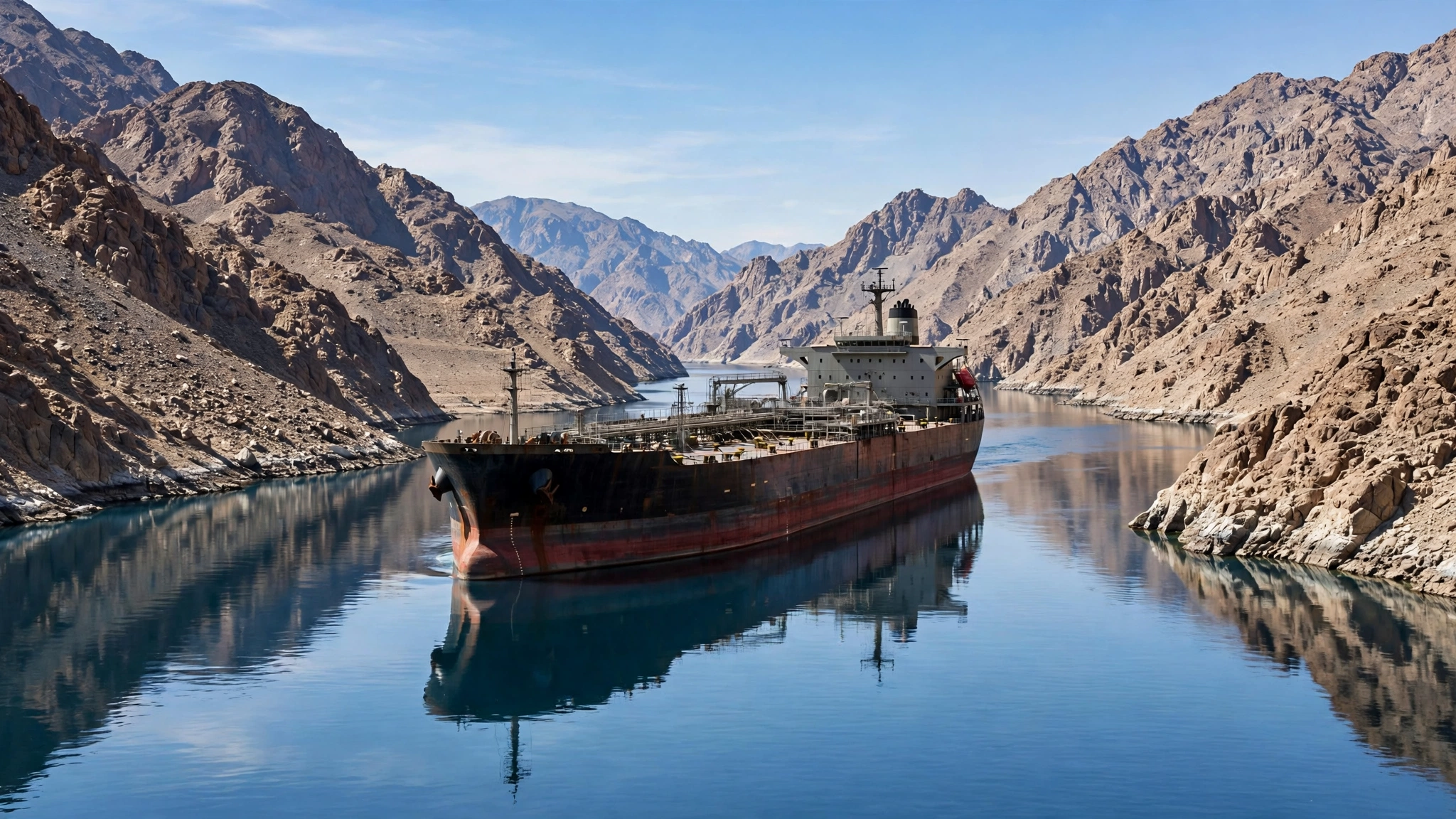 An oil supertanker passes through a narrow mountain-lined waterway, an illustrative image of oil shipments through a strait.