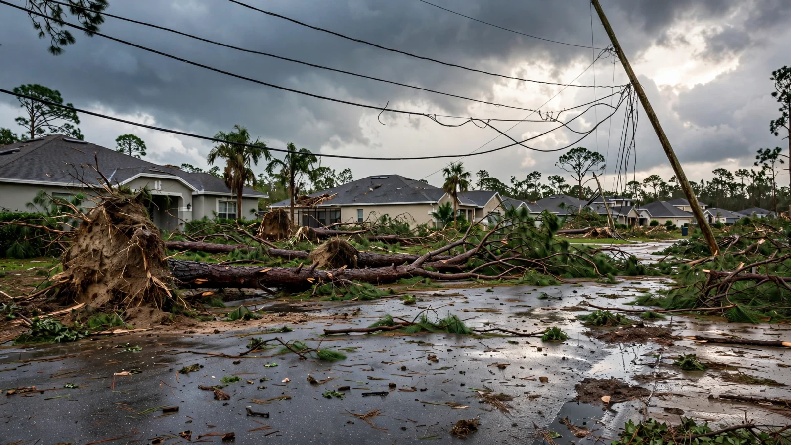Fallen pine trees and downed power lines blocking a flooded suburban street after a hurricane.