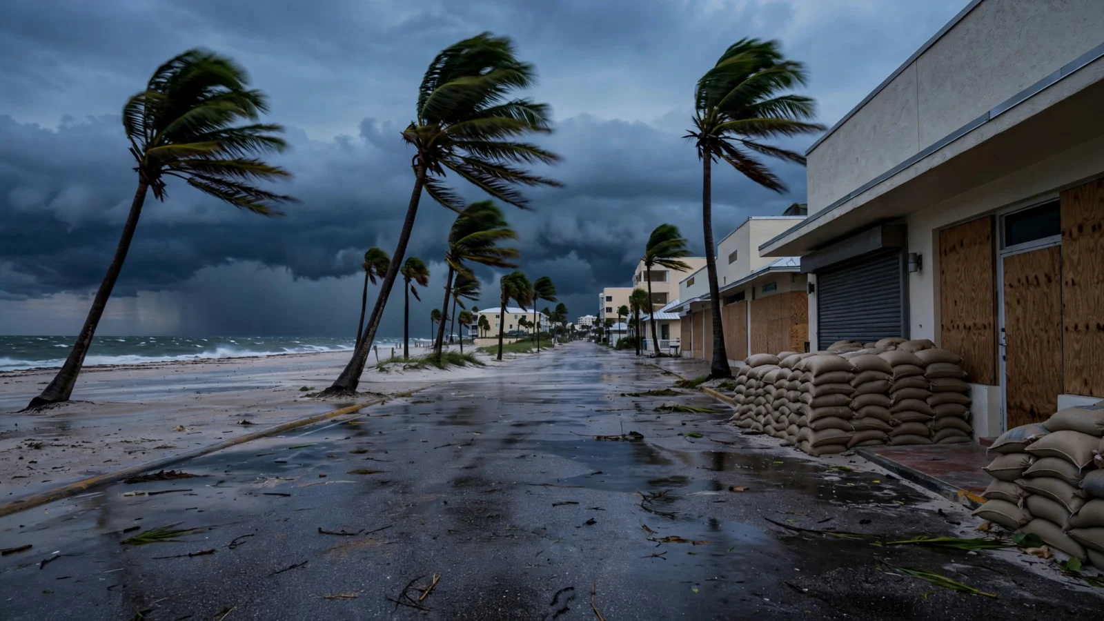 A Gulf Coast beach street at dusk with palm trees bending in strong wind, dark storm clouds over the water, and sandbags stacked in front of boarded-up storefronts.