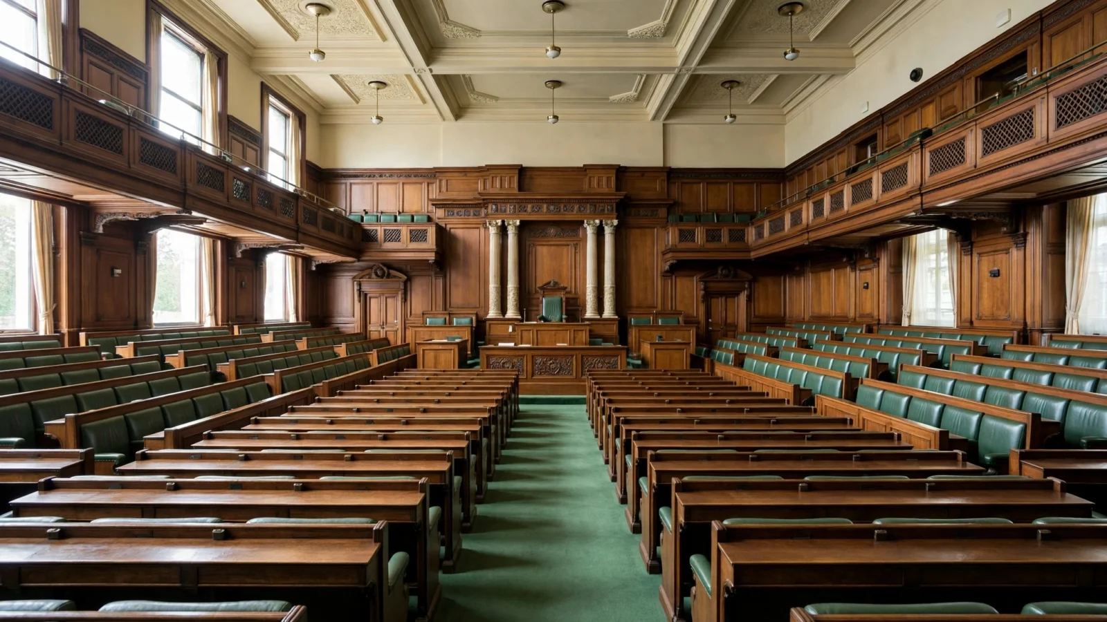 An empty wood-paneled parliamentary chamber with rows of green seats and desks