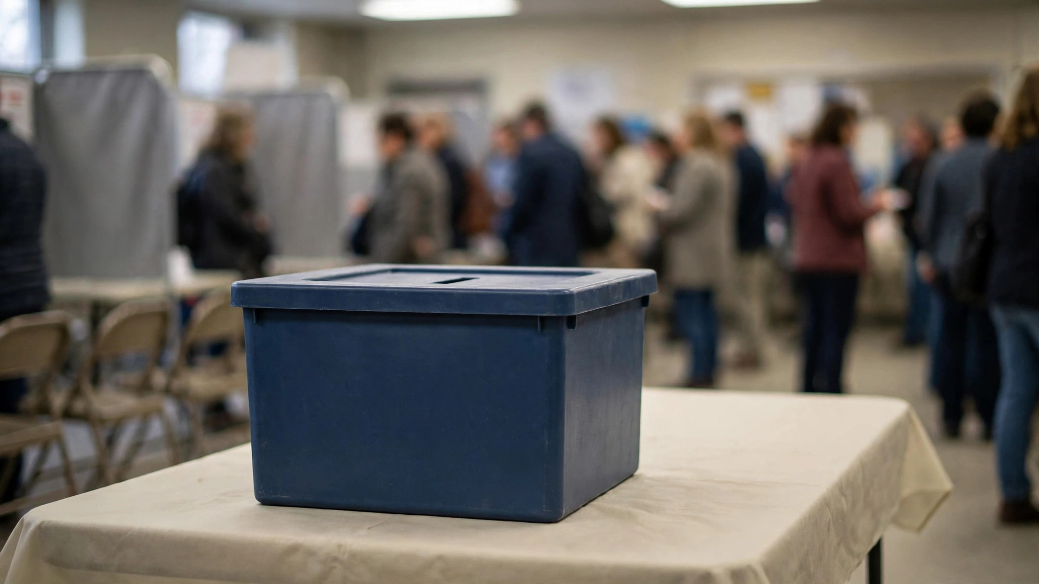 A dark blue ballot box on a table in a polling station with blurred voters in the background
