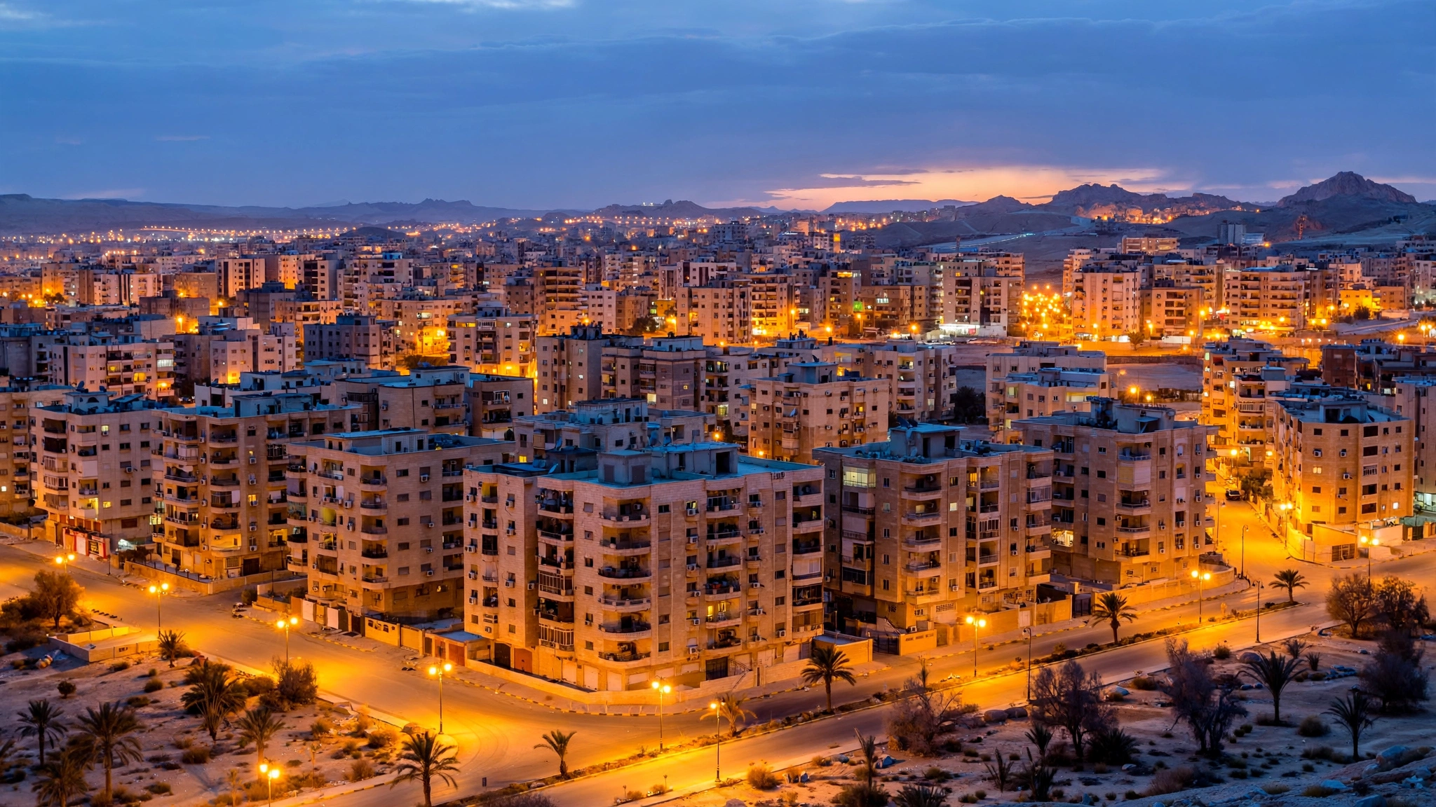 Apartment buildings lit at dusk in a city, with streets and hills in the background