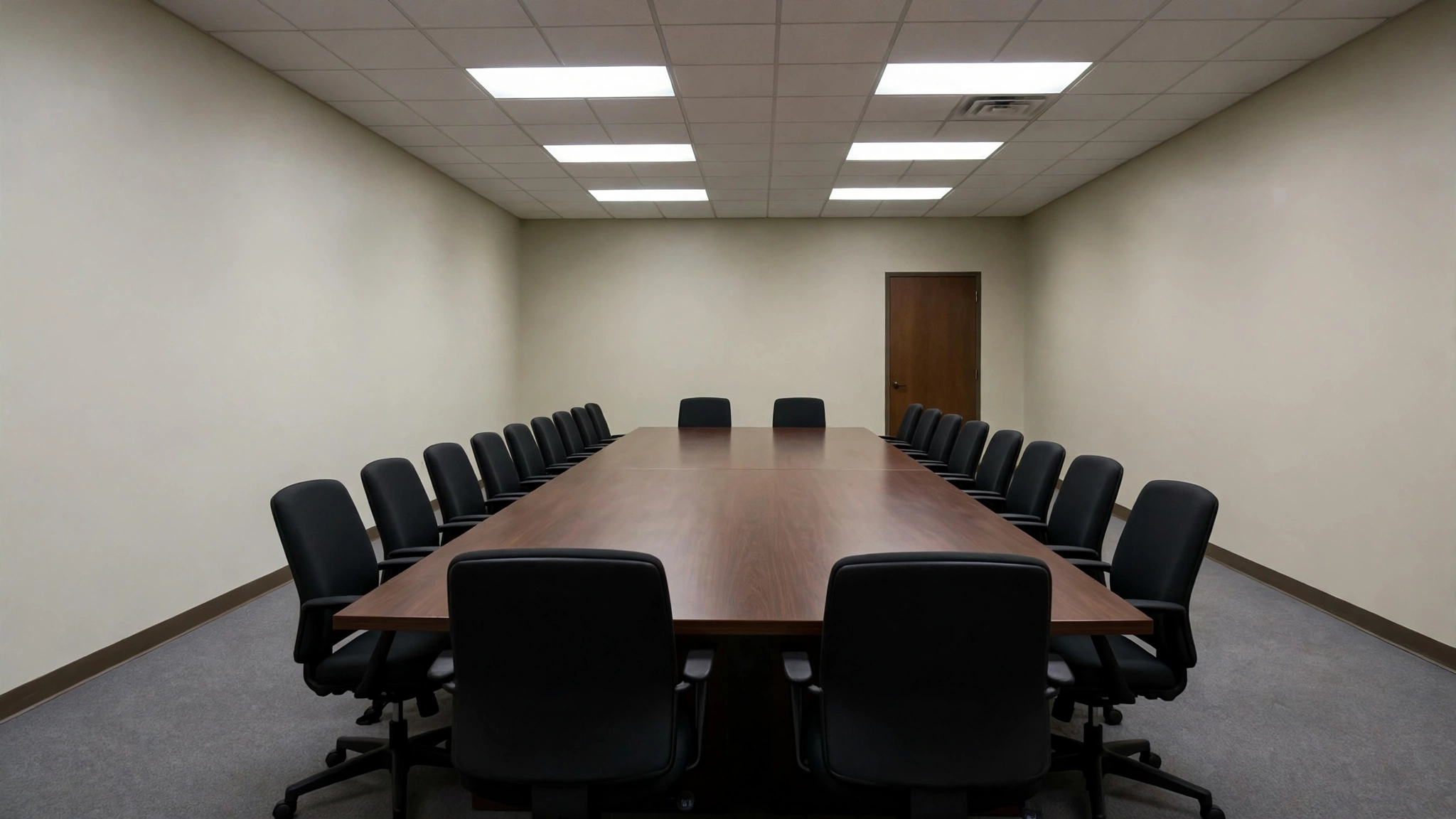 An empty meeting room with a long wooden table and black chairs