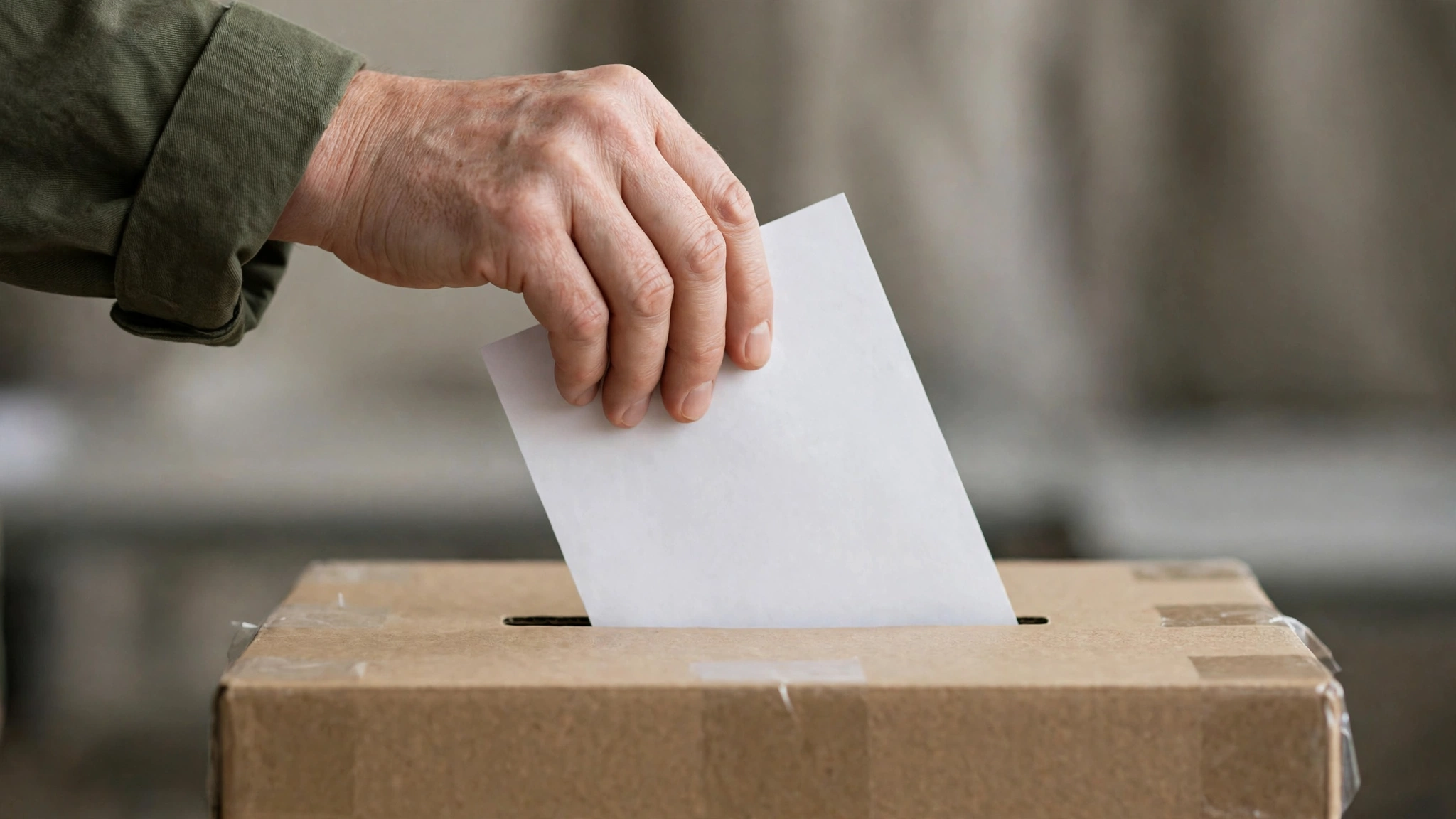 A hand placing a blank white ballot paper into a cardboard ballot box