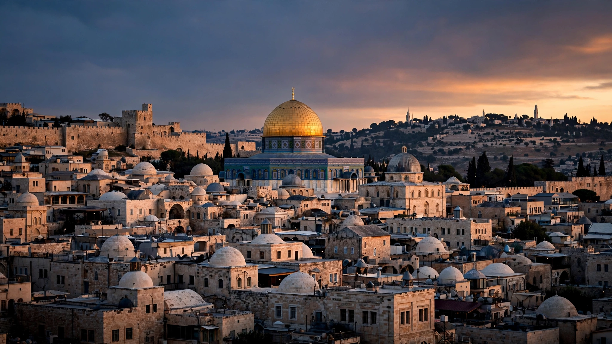 The skyline of Jerusalem at dusk, with stone buildings and a large golden dome