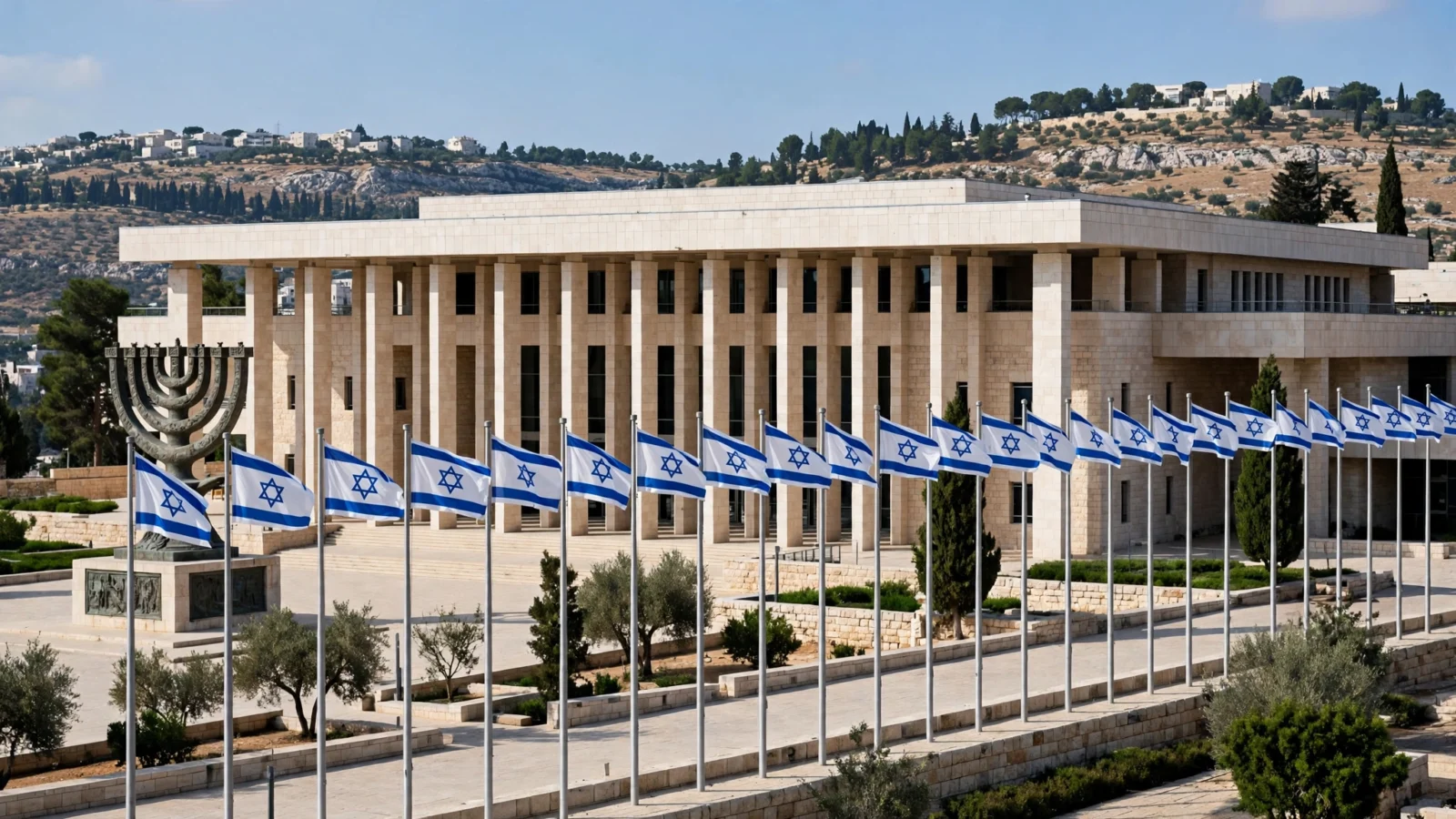 A stone parliament building with a row of Israeli flags on poles in front, with hills behind