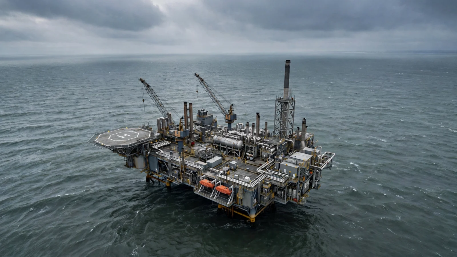Aerial view of an offshore natural gas platform in the open sea under a cloudy sky