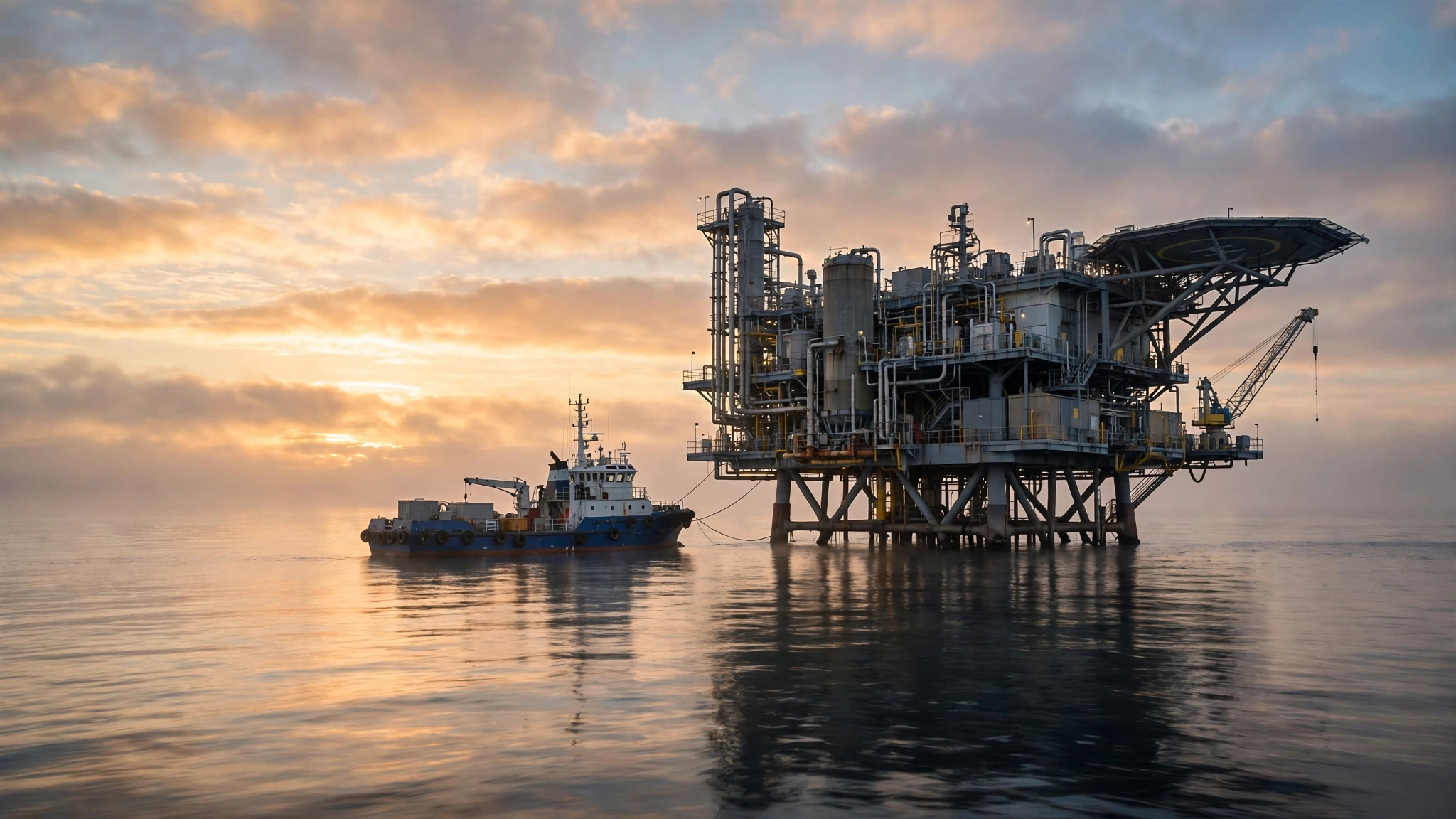 An offshore gas platform at sunrise with a supply vessel alongside