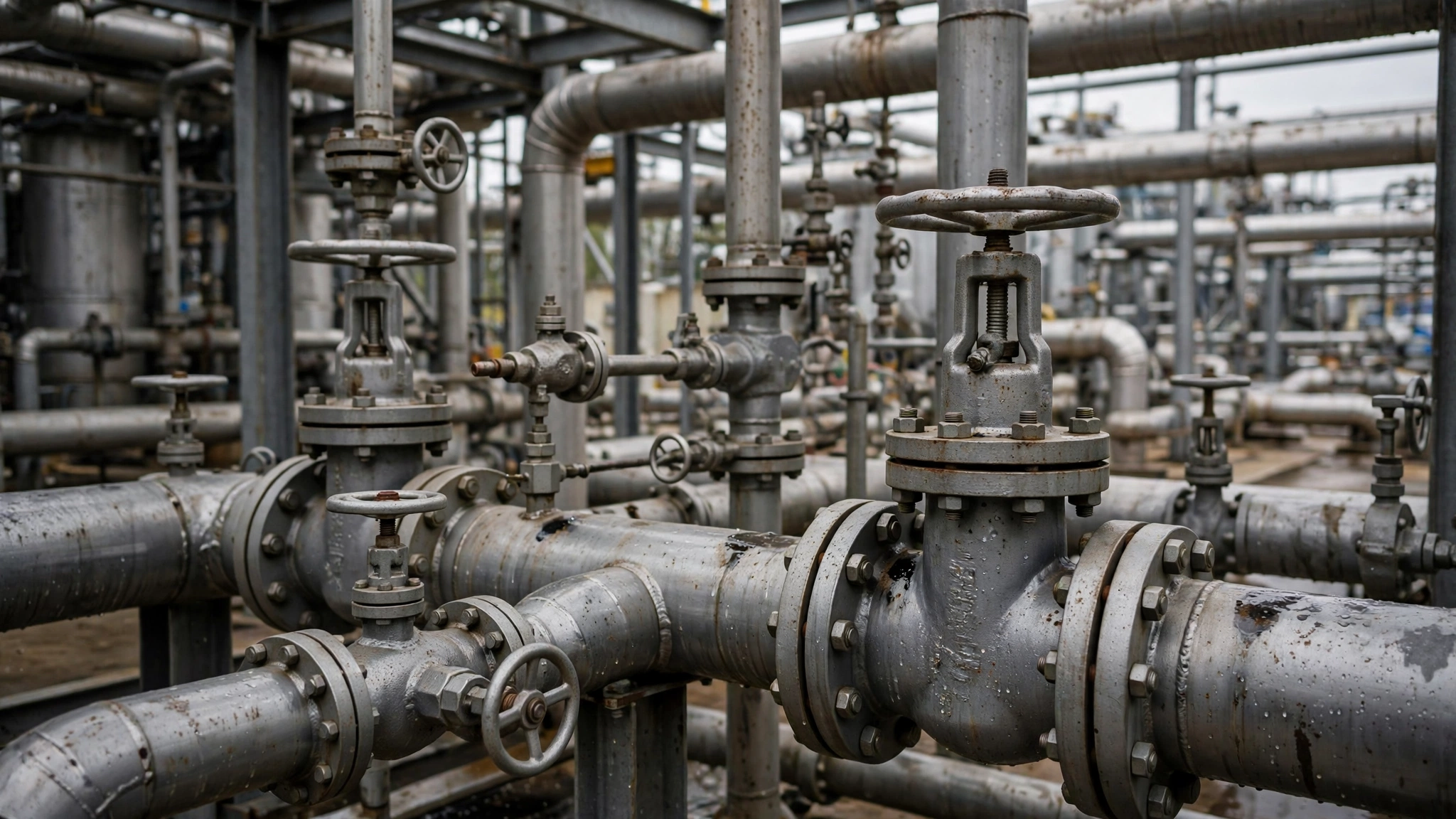 Close-up of steel gas pipelines and valves at a processing facility