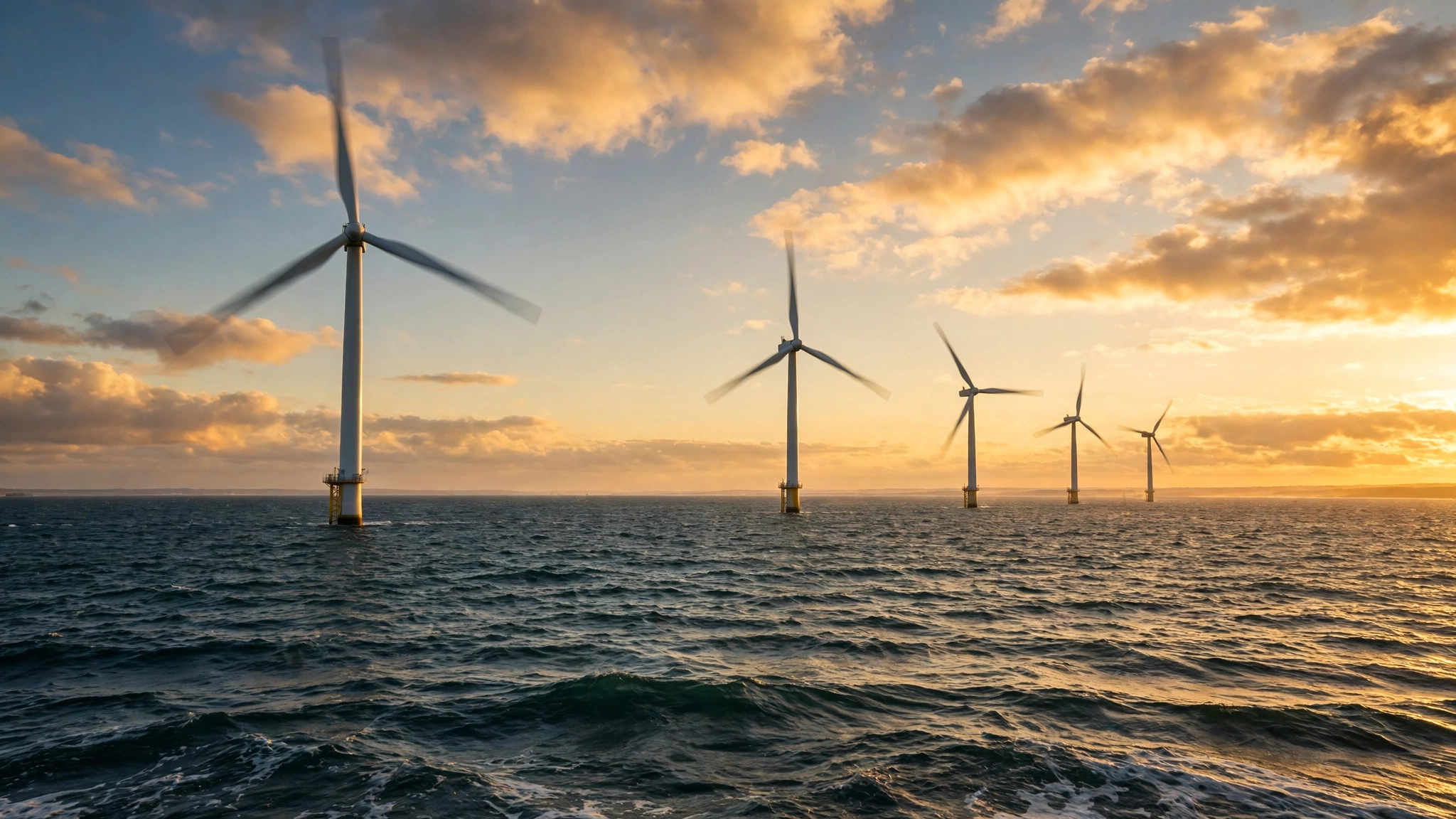 Offshore wind turbines spinning in the sea at golden hour