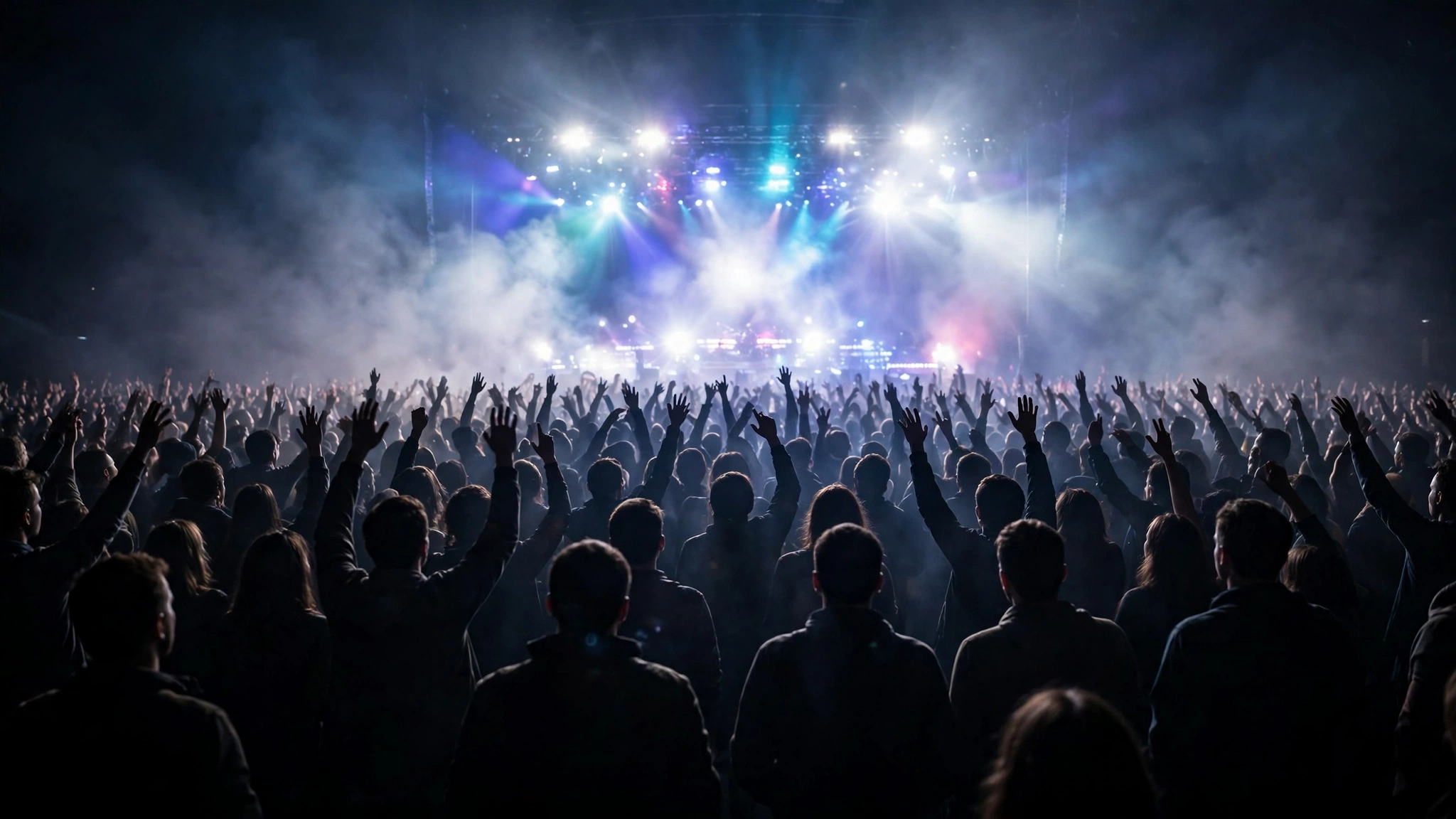 A large concert crowd seen from behind with raised hands, silhouetted against bright stage lights