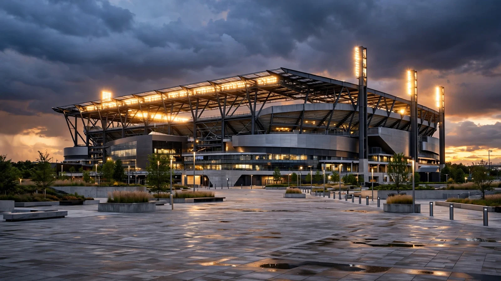 A large modern football stadium with its floodlights on at dusk, seen from an empty paved plaza