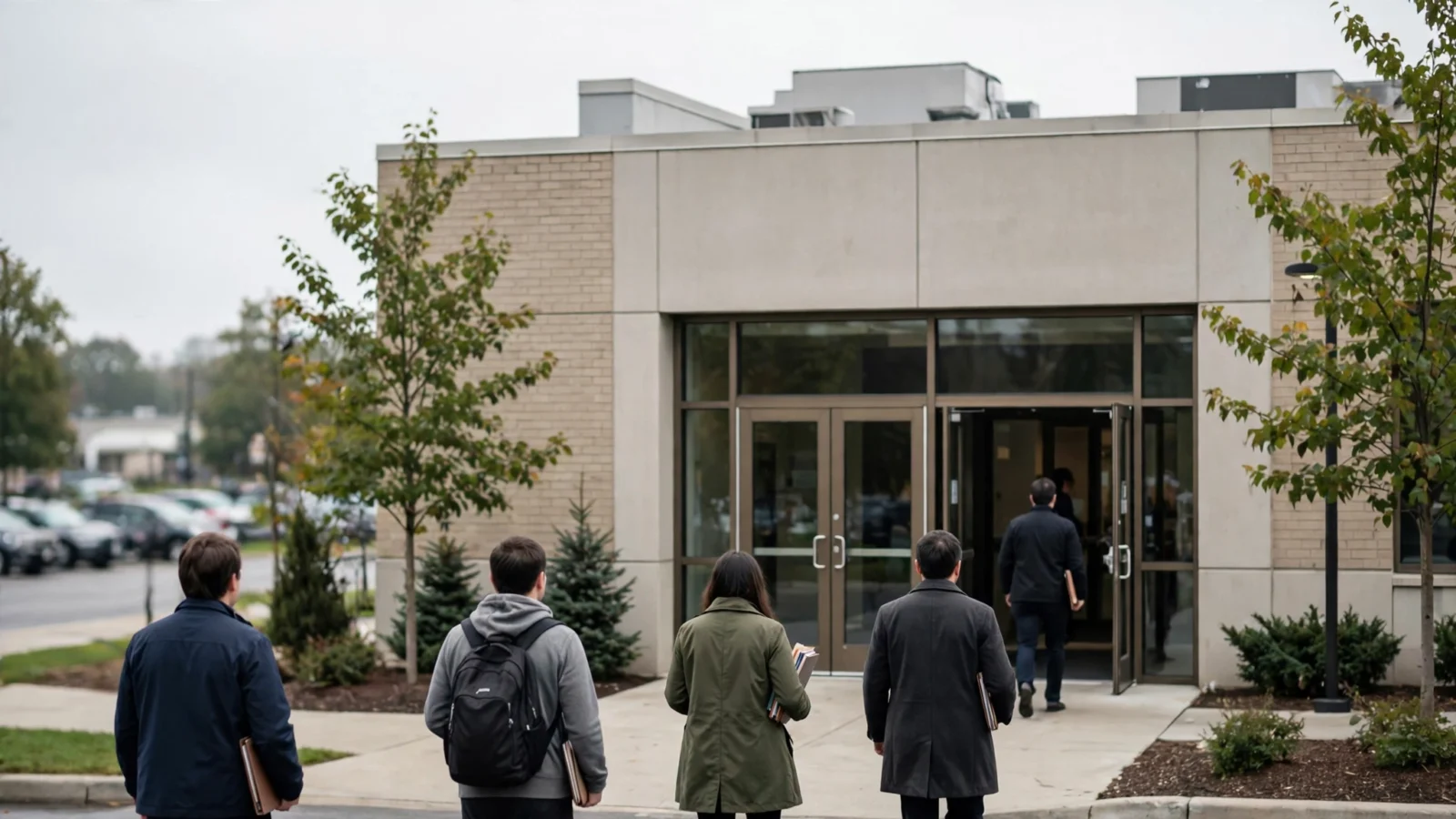 Several people carrying folders walk toward the glass entrance of a plain office building on an overcast morning