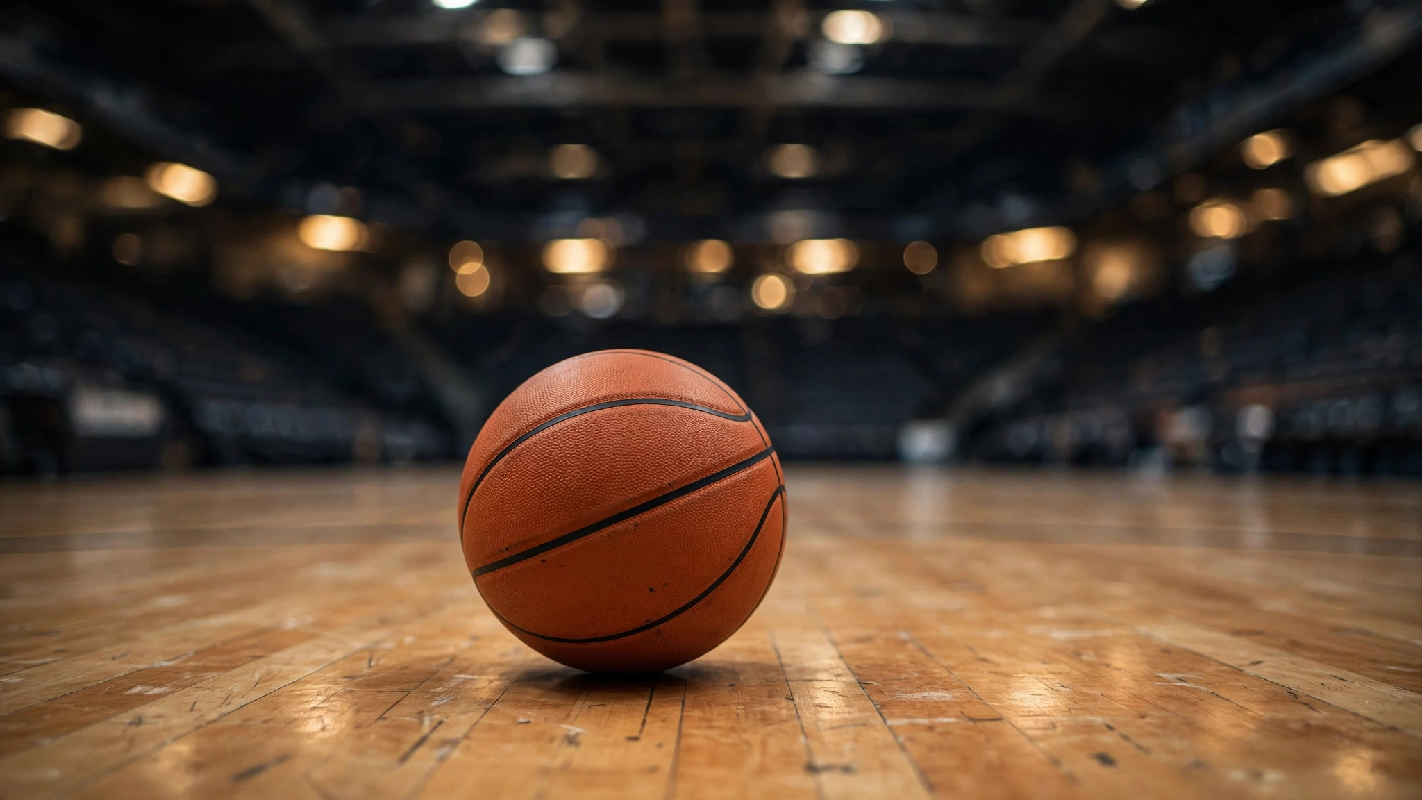 An orange basketball resting on a polished wooden court floor