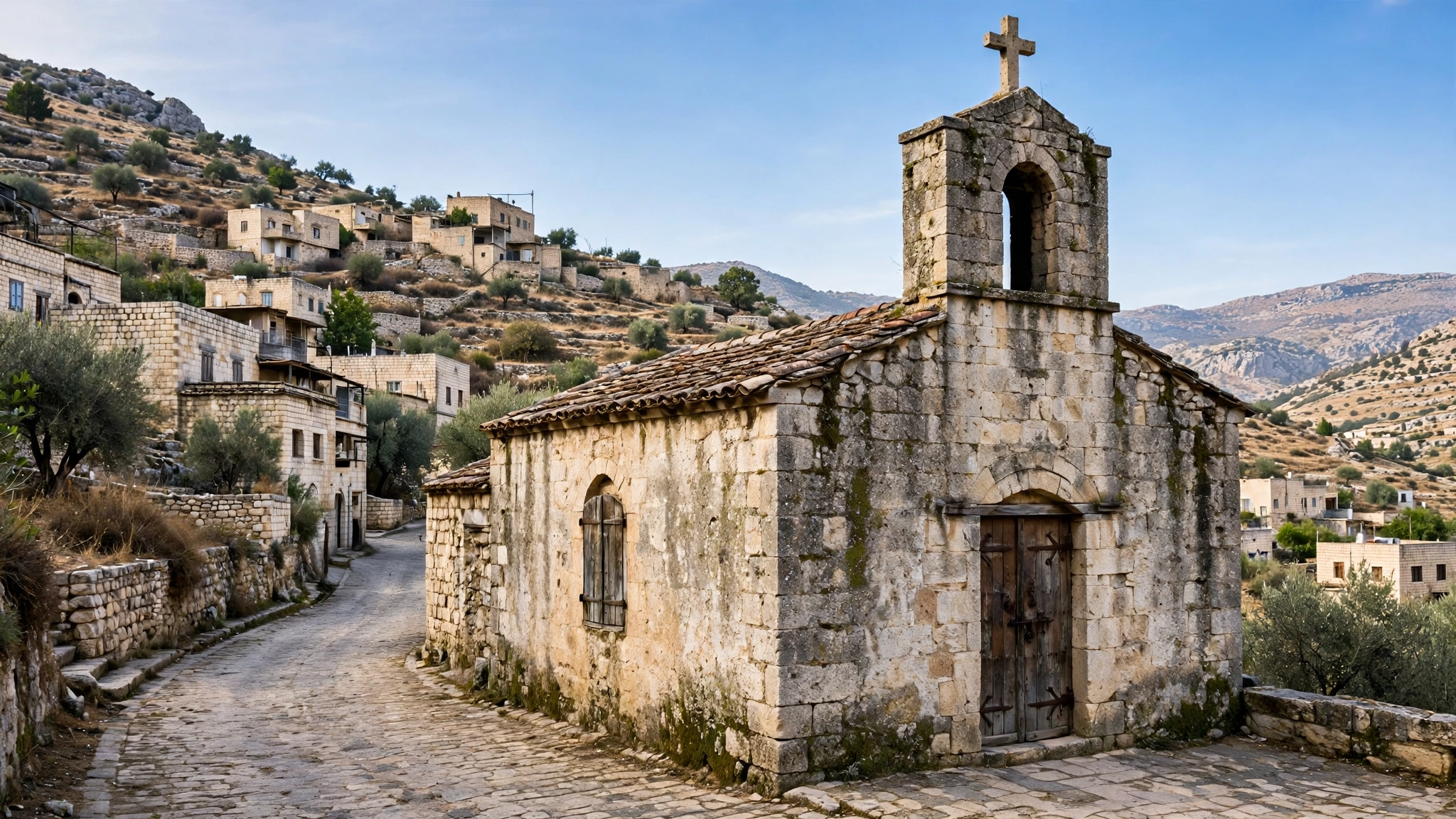 Stone church with a bell tower and cross on a cobblestone street in a hillside town