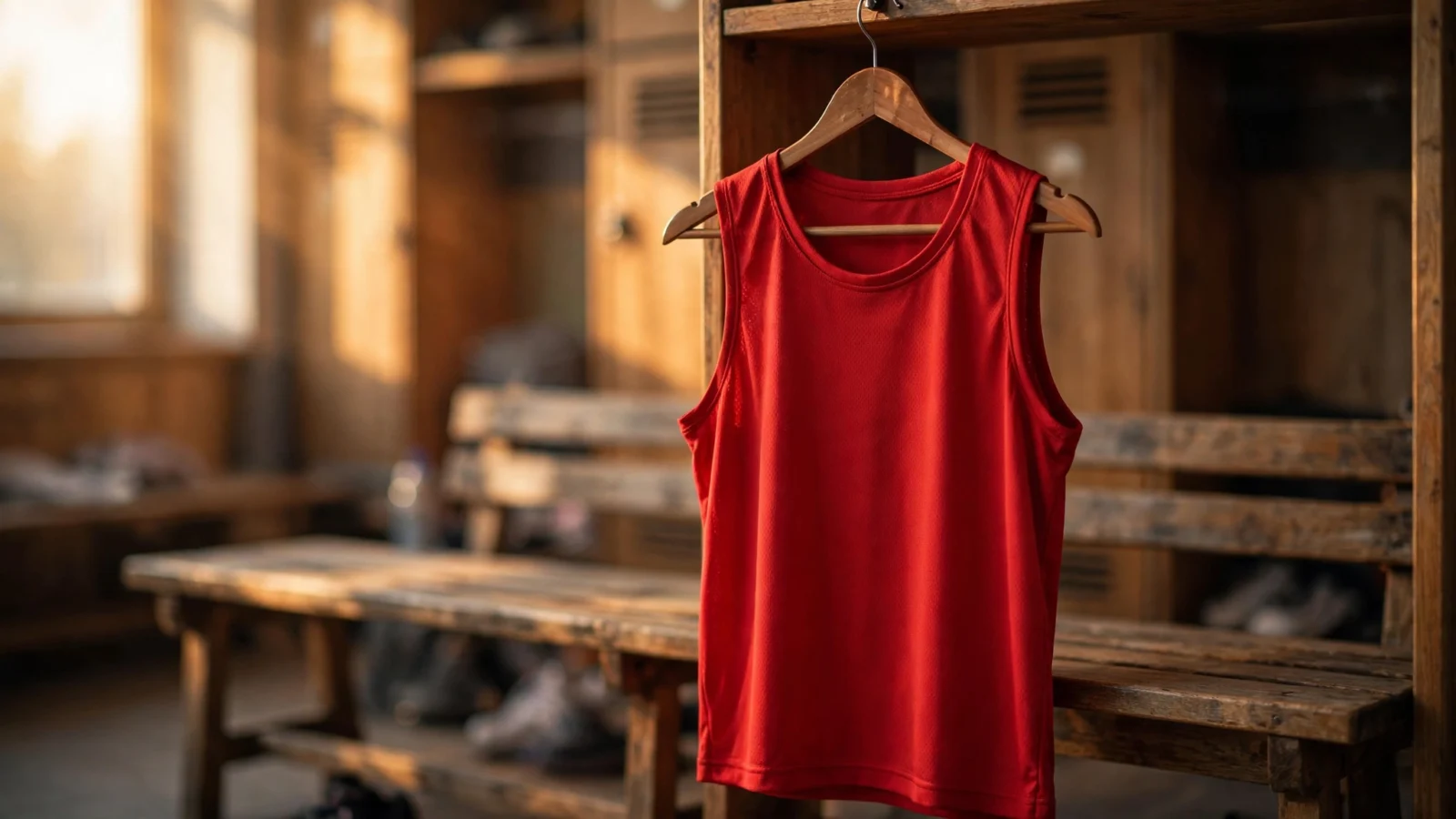 A blank red basketball jersey hanging on a wooden hanger in a locker room