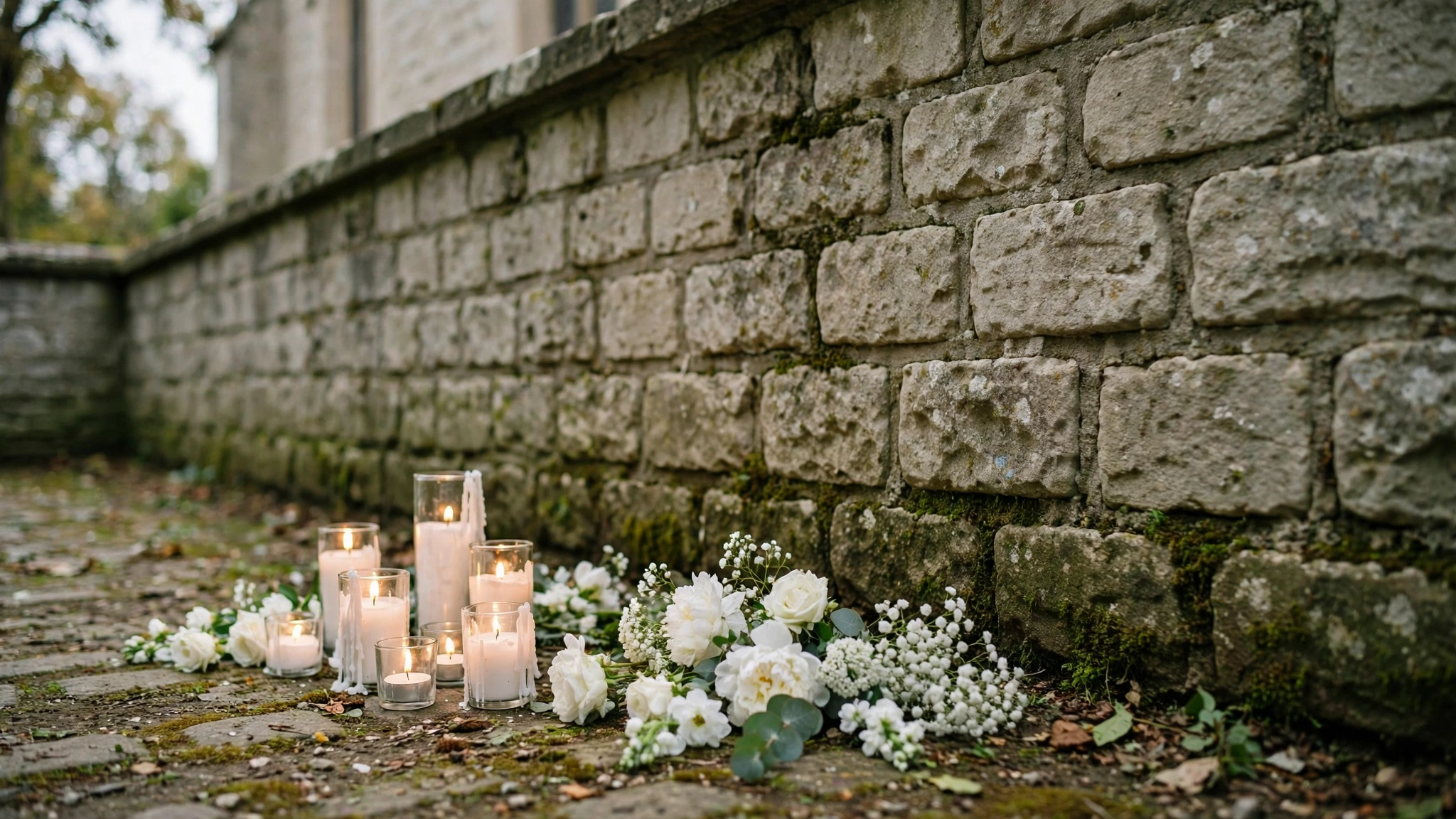 Lit candles and white flowers placed on the ground beside a stone wall